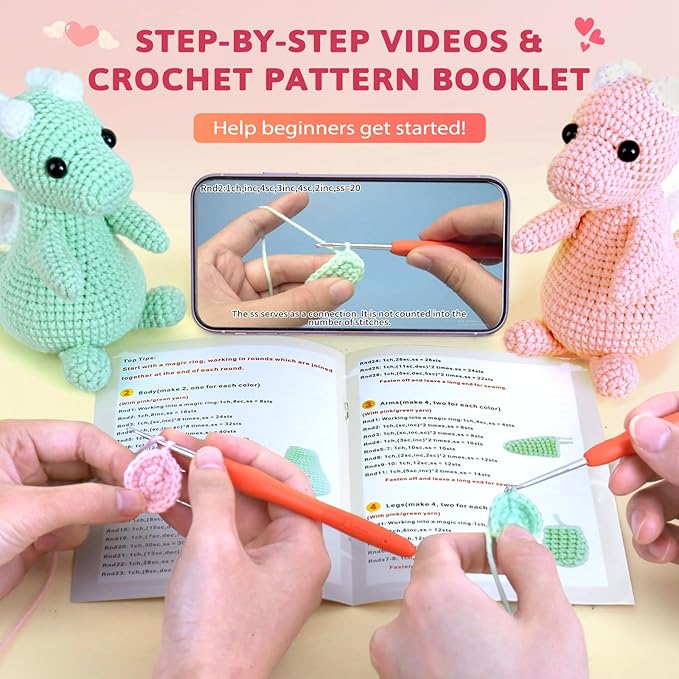 Crochetta Crochet Kit for Beginner, Crochet Starter Kit w Step-by-Step Video Tutorials, Crochet Kit for Beginners, Beginner Crochet Kit for Adults Kids Women Men Complete Kit Included (2 Dragons)