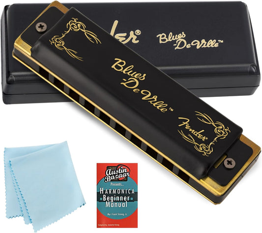 Fender Blues DeVille Harmonica - Key of C Bundle with Carrying Case, Austin Bazaar Online Manual, and Polishing Cloth