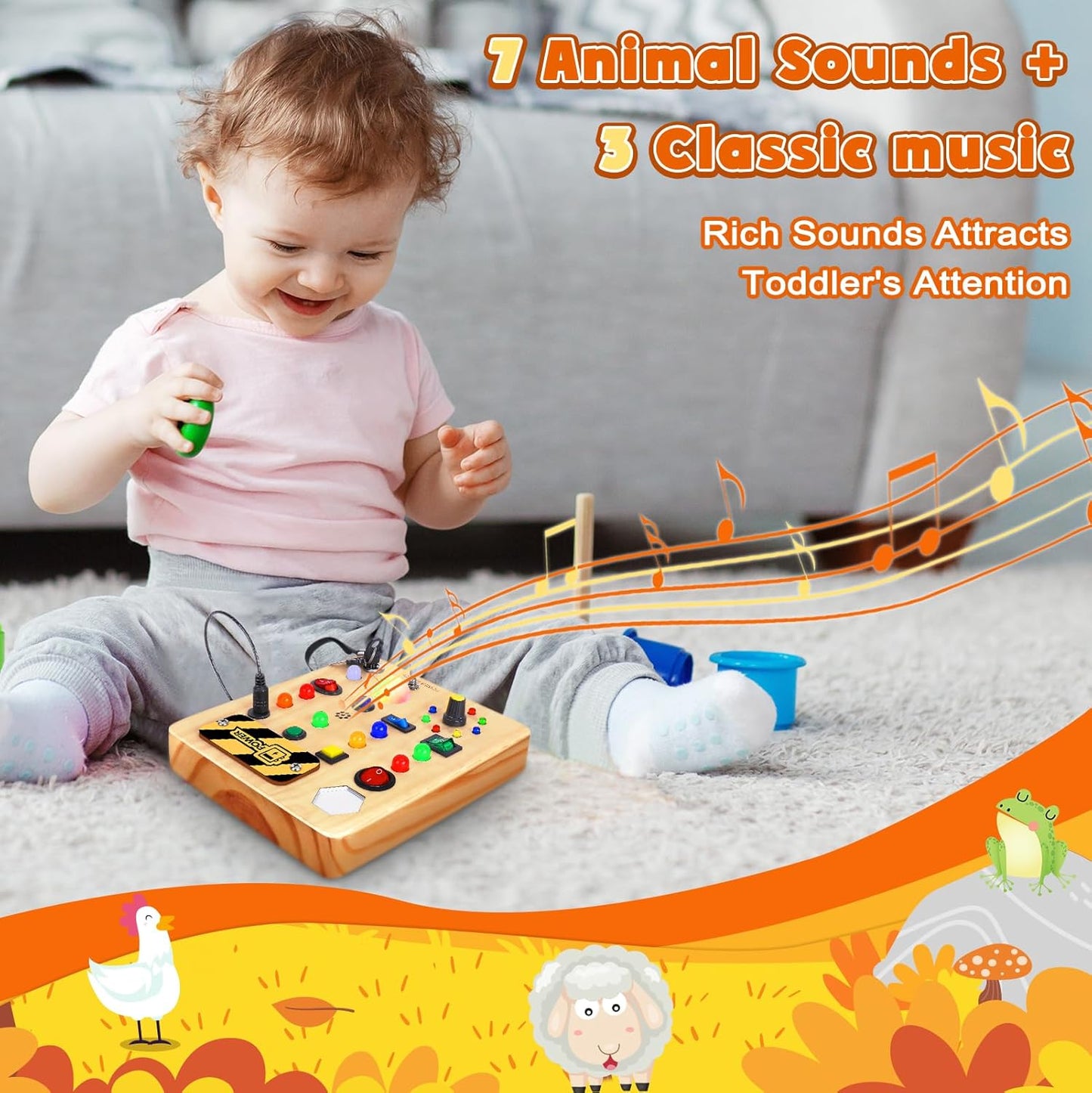 Busy Board with LED Light, Wooden Sensory Toys for Toddler, Montessori Music Toy for Airplane, Travel Activity Educational Learning Autism Toys, Birthday Boys Girls Gifts