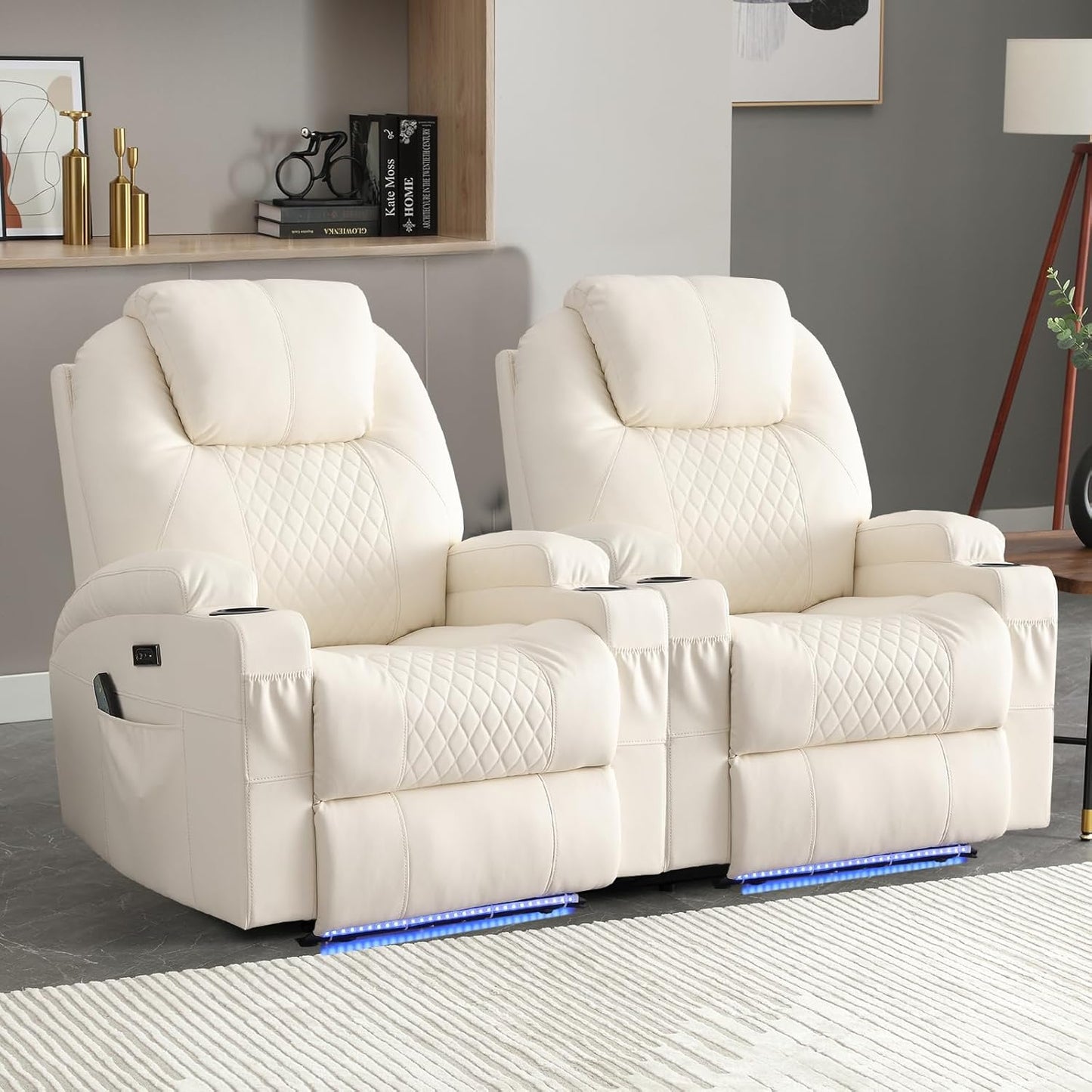 Power Recliner Chair with Heat and Massage for Adults - Home Theater Seating with LED Lights,Cup Holders,Side Pocket,USB Port - Recliner Sofa for Living Room (Beige, Set of 2)