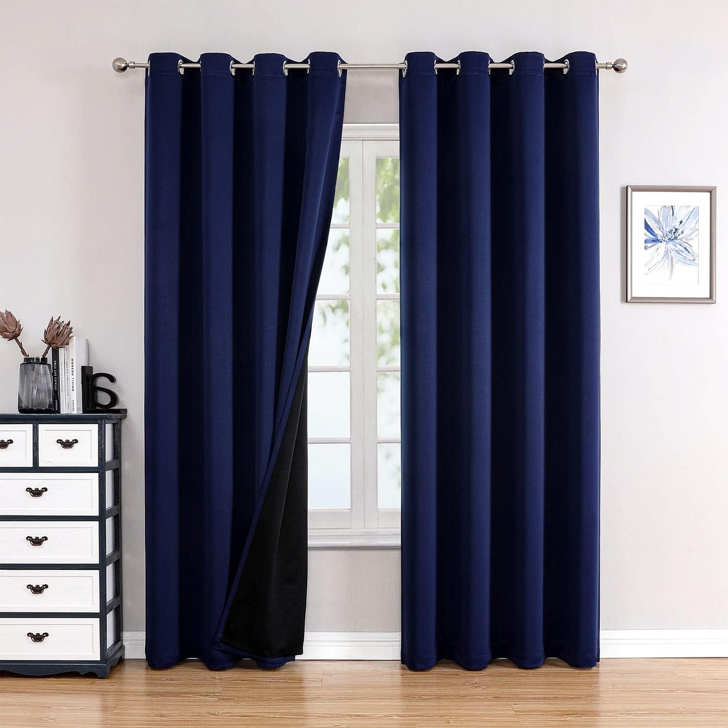 ChrisDowa 100% Blackout Curtains 102 inch Long for Bedroom with Black Liner, 2 Thick Layers Total Blackout Thermal Insulated Grommet Window Curtains 2 Panels Set (Navy Blue, 52 x 102 Inch)