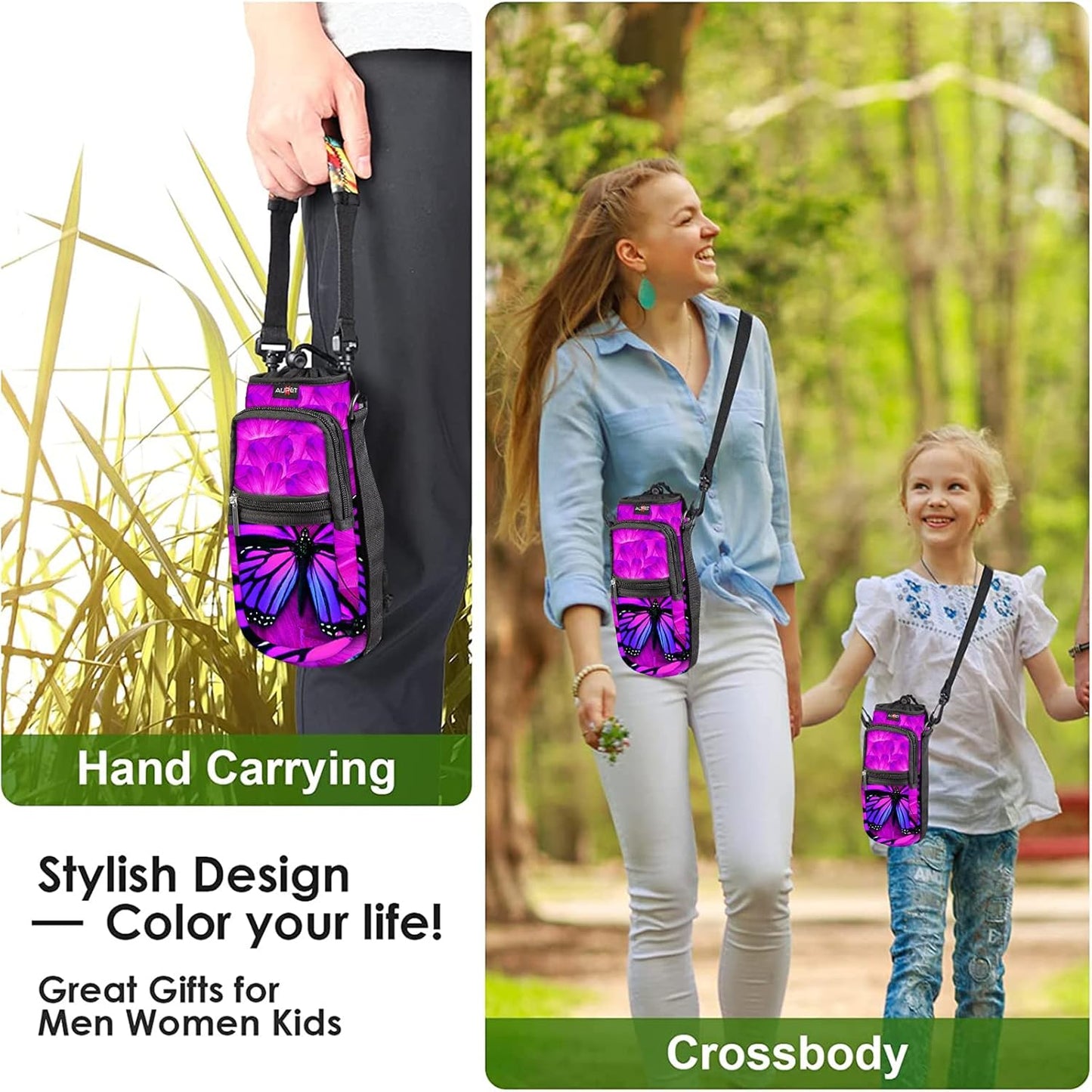 AUPET Water Bottle Sling Bag Sleeve Holder Carrier 25/32/40/64 oz,Insulated Crossbody Water Bottle Case Cover with Strap and Pockets for Men/Women Walking Hiking