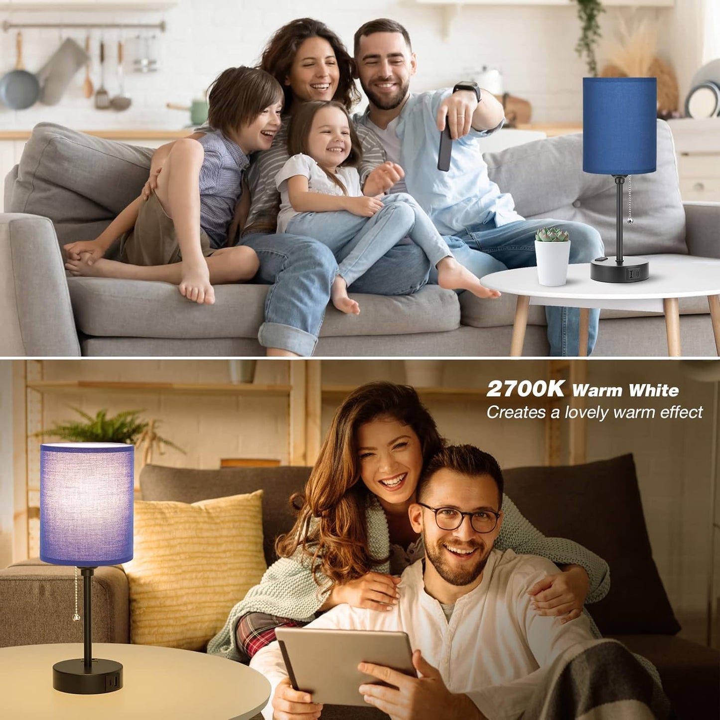 Blue Table Lamps 3 Color Temperatures - 2700K 3500K 5000K Bedside Lamps with USB C and A Ports, Pull Chain Lamps for Bedrooms with AC Outlet, Nightstand Lamps with Black Metal Base for Kids Boys