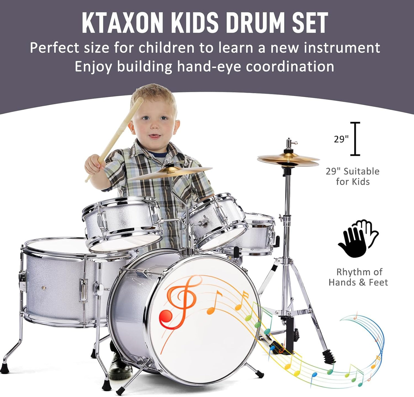 Ktaxon 5-Piece Complete Junior Drums Set, 14 Inch Beginners Drum Kit with Throne Stool, Pedal & Drumsticks, Kids Drums Musical Instruments W/Cymbal, Hi-Hat, Floor, Tom and Snare Drum (Silver)
