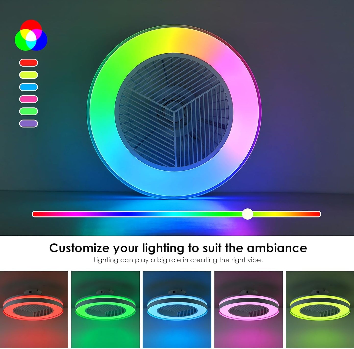 Smart Low Profle Ceiling Fans with RGB Lights Remote/APP/Voice Control, 20" Bladeless Ceiling Fans with 6 Speeds, Timer, Quiet DC Motor, Ceiling Fan with Light for Kids Bedroom/Living Room