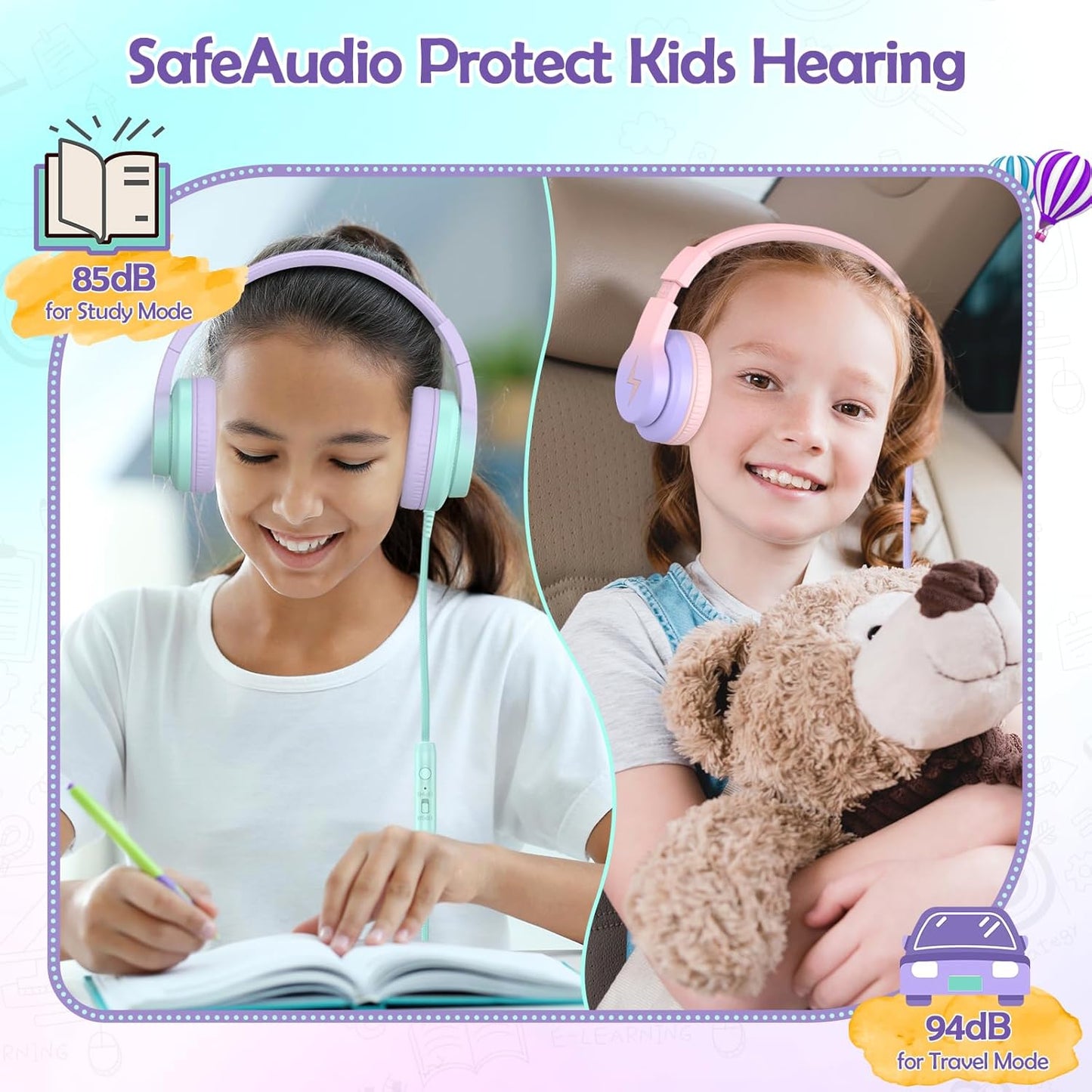 2 Pack Kids Headphones, Wired Headphones for Kids Over Ear with Microphone, 85/94dB Volume Limiter Headphone for Girls Boys, Foldable Headphone for Learning & Entertainment