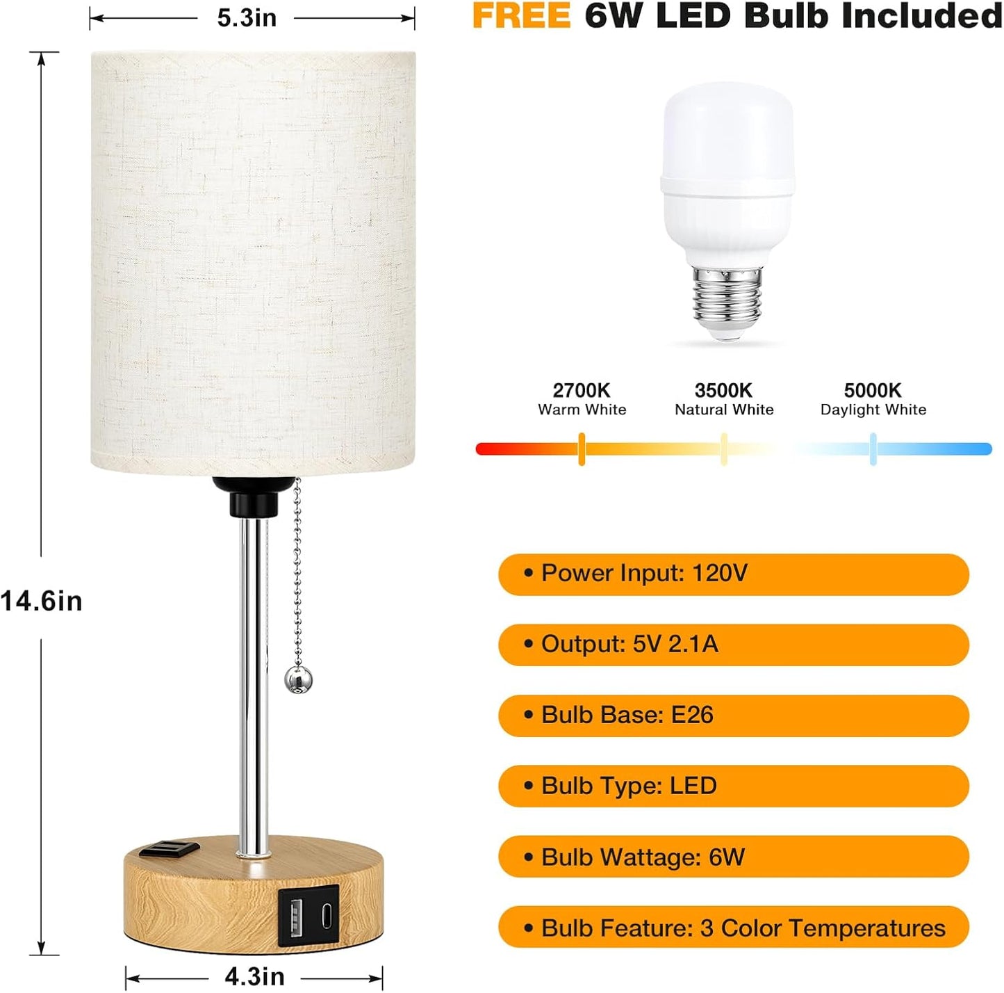 Small Bedside Lamp for Bedroom Nightstand - Table Lamp with USB C and A Port, Pull Chain Bed Lamps with AC Outlet, Wood Base Night Stand Lights for Kids Reading, Desk Lamp for Living Room/Dorm Room