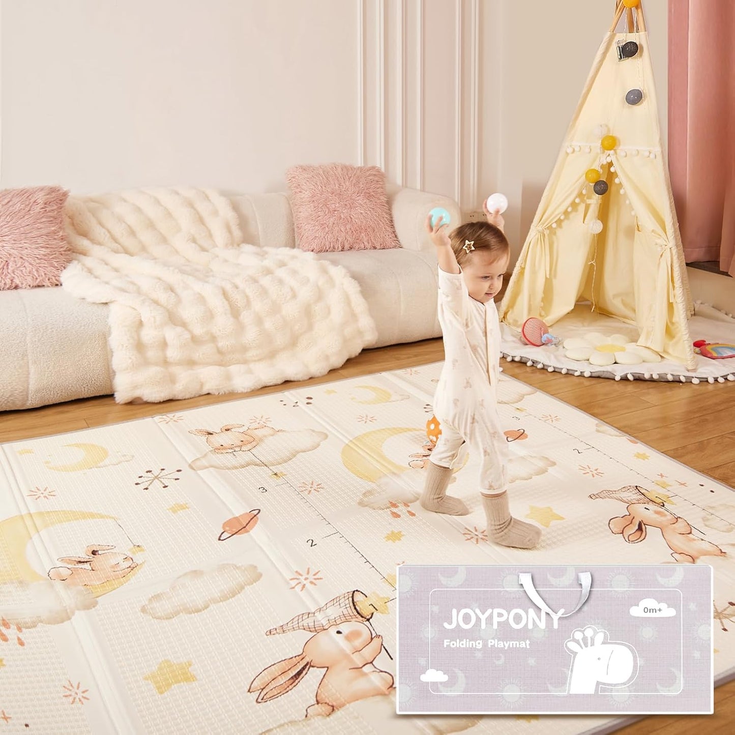 Baby Play Mat, 79" X 71" X 0.6" Extra Large & Thick Reversible Foldable Play Mats for Babies and Toddlers, Anti-Slip Portable Baby Floor Mat for Tummy Time, Baby Mat for Floor with Travel Bag