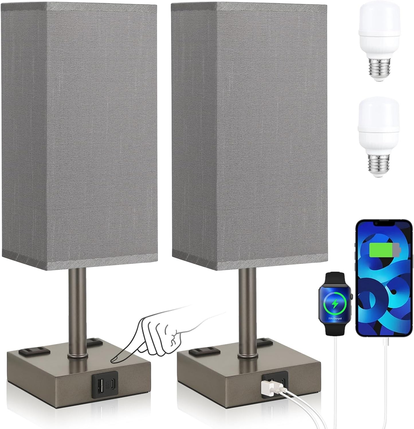 Dark Grey Touch Lamps Set of 2 - Nightstand Lamp with USB-C + A Charge Ports & AC Outlets, 3-Way Dimmable Bedside Lamp, Small Table Lamp Light for Bedroom (Bulb Included)