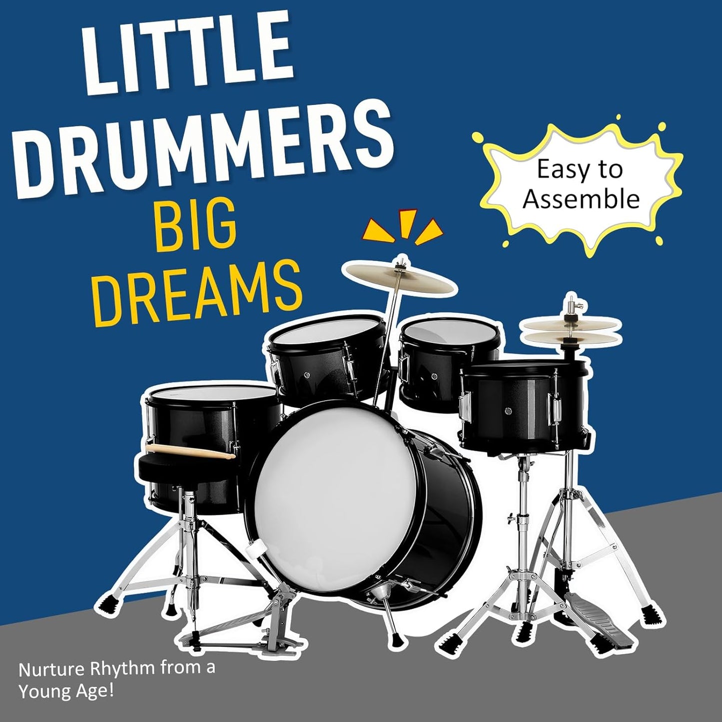 Ktaxon 5-Piece Complete Junior Drums Set, 16 Inch Beginners Drum Kit with Throne Stool, Pedal & Drumsticks, Kids Drums Musical Instruments W/Cymbal, Hi-Hat, Floor, Tom and Snare Drum (Black)