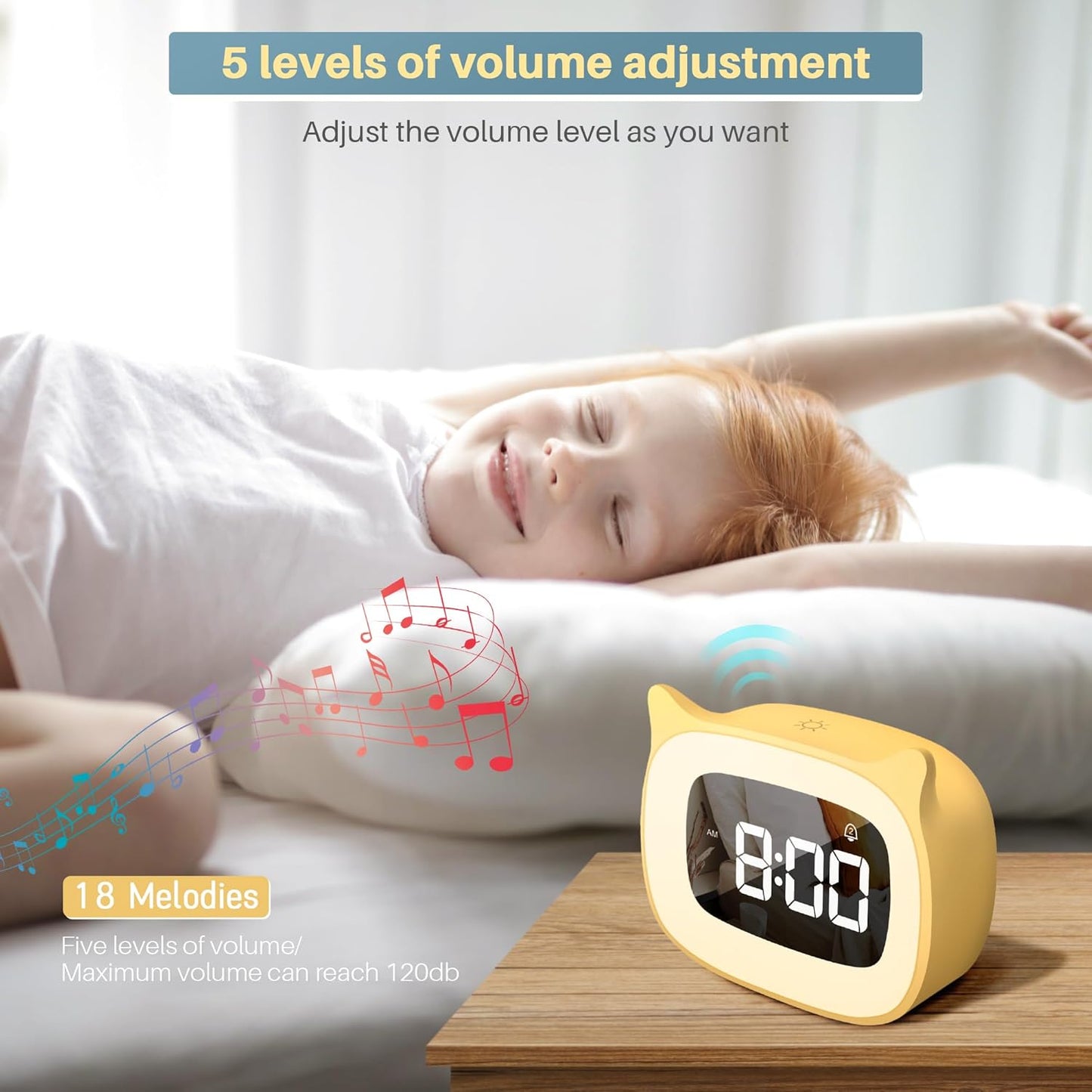 Kids Alarm Clock with Night Light & 18 Ringtones,Rechargeable,Cute Cat Ear Clock for Boys Girls Birthday Presents,Digital Clock for Children's Bedroom(Yellow)