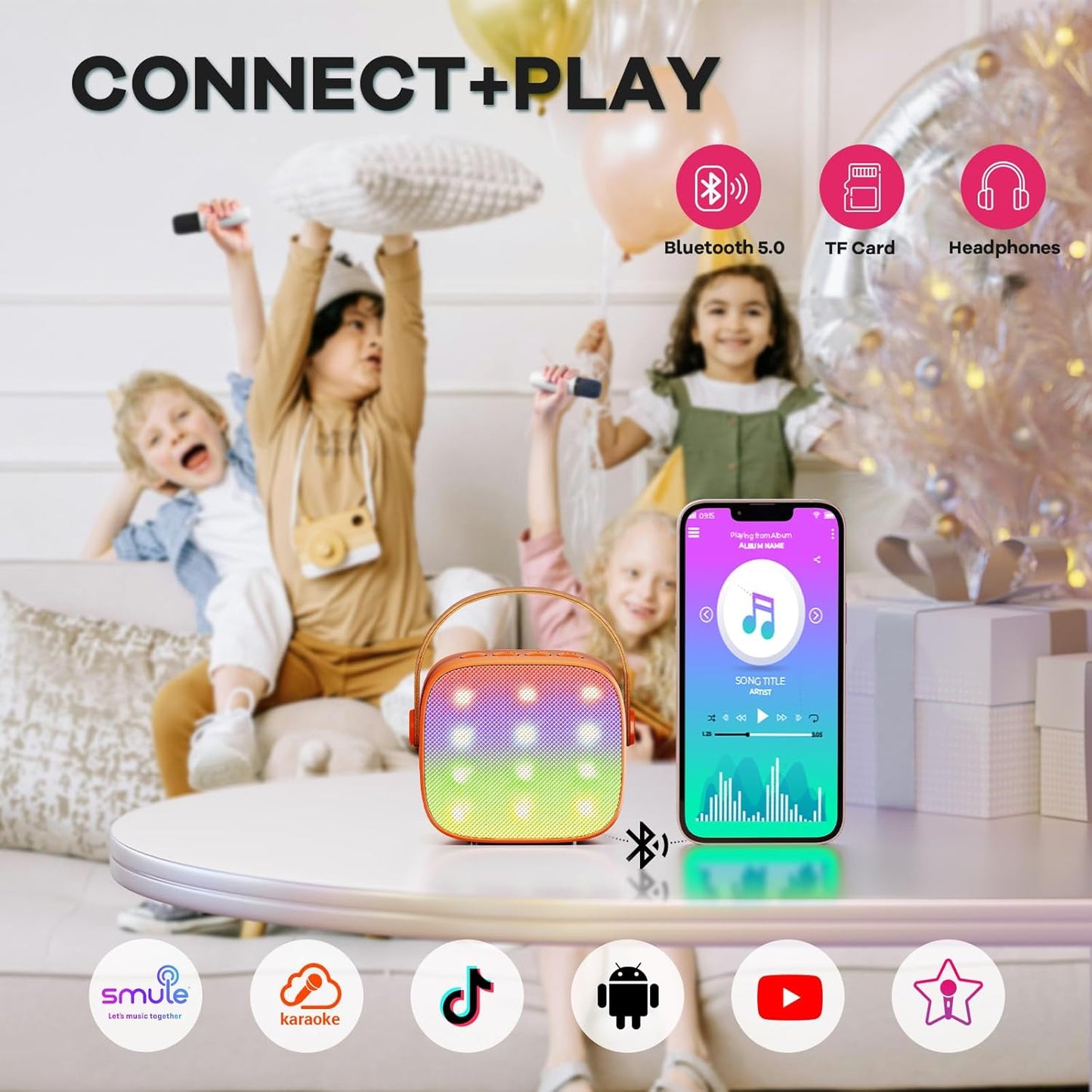 YLL Mini Karaoke Machine for Kids Adults, Portable Bluetooth Speaker with 2 Wireless Microphones, Birthday Gifts Toys for Girls Boys Ages 3, 4, 5, 6, 7, 8, 9,10,11,12+ Years Old Toddler (Orange)
