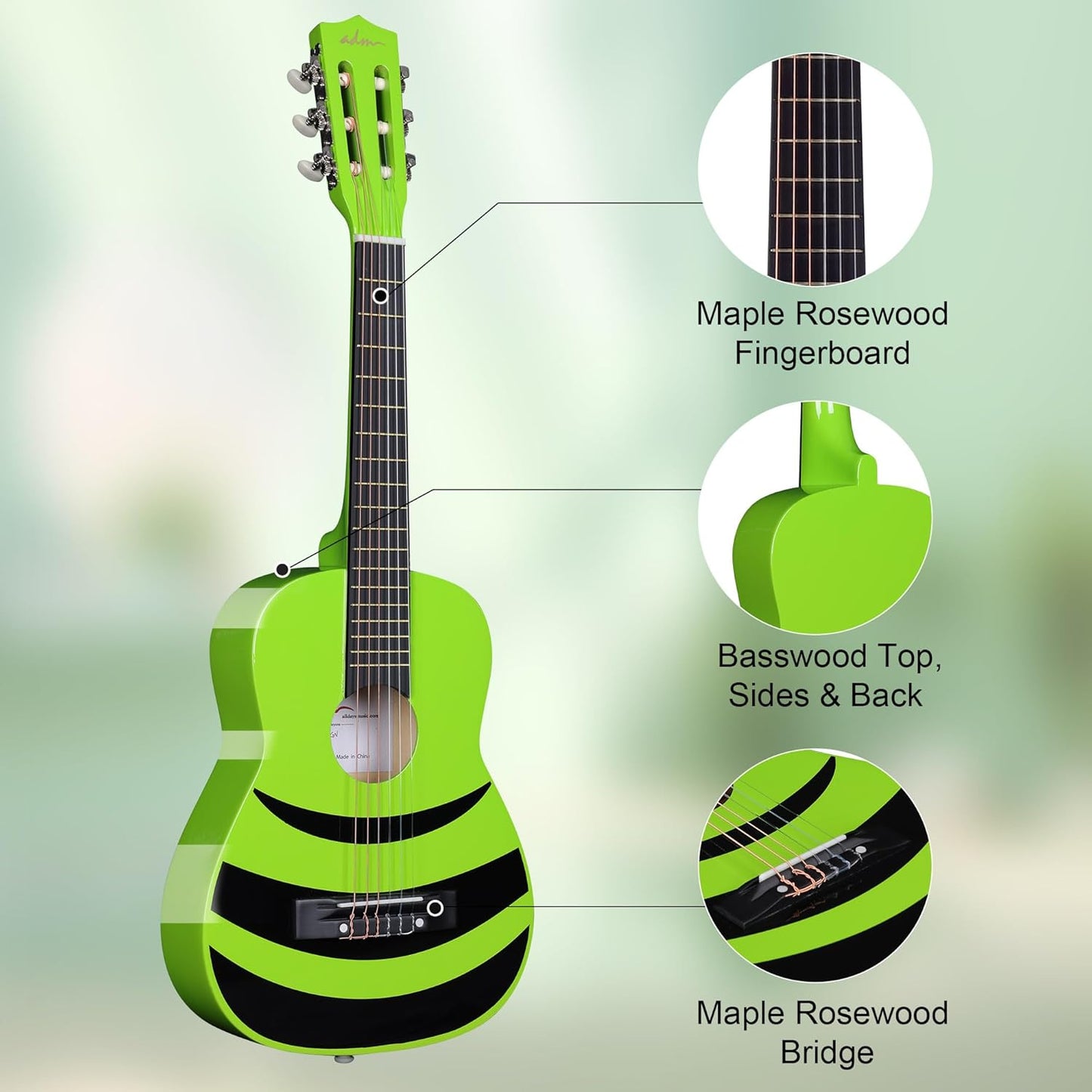 ADM Beginner Acoustic Classical Guitar Nylon Strings Wooden Guitar Bundle Kit for Kid Boy Girl Student Youth Guitarra Online Lessons with Starter Accessories (30 Inch, Geen)