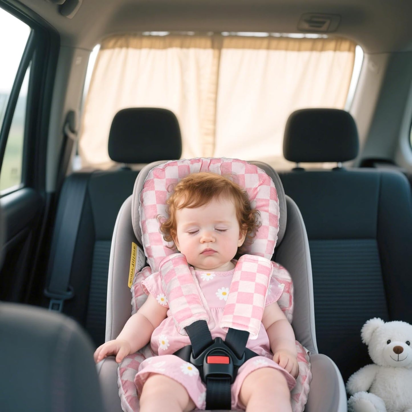 Infant Car Seat Insert Cushion, Baby Car Seat Head Body Support for Girls & Boys, Reversible Newborn Car Seat Insert with 2 Extra Strap Paddings, Premature Car Seat Cushion, Pink Checkerboard