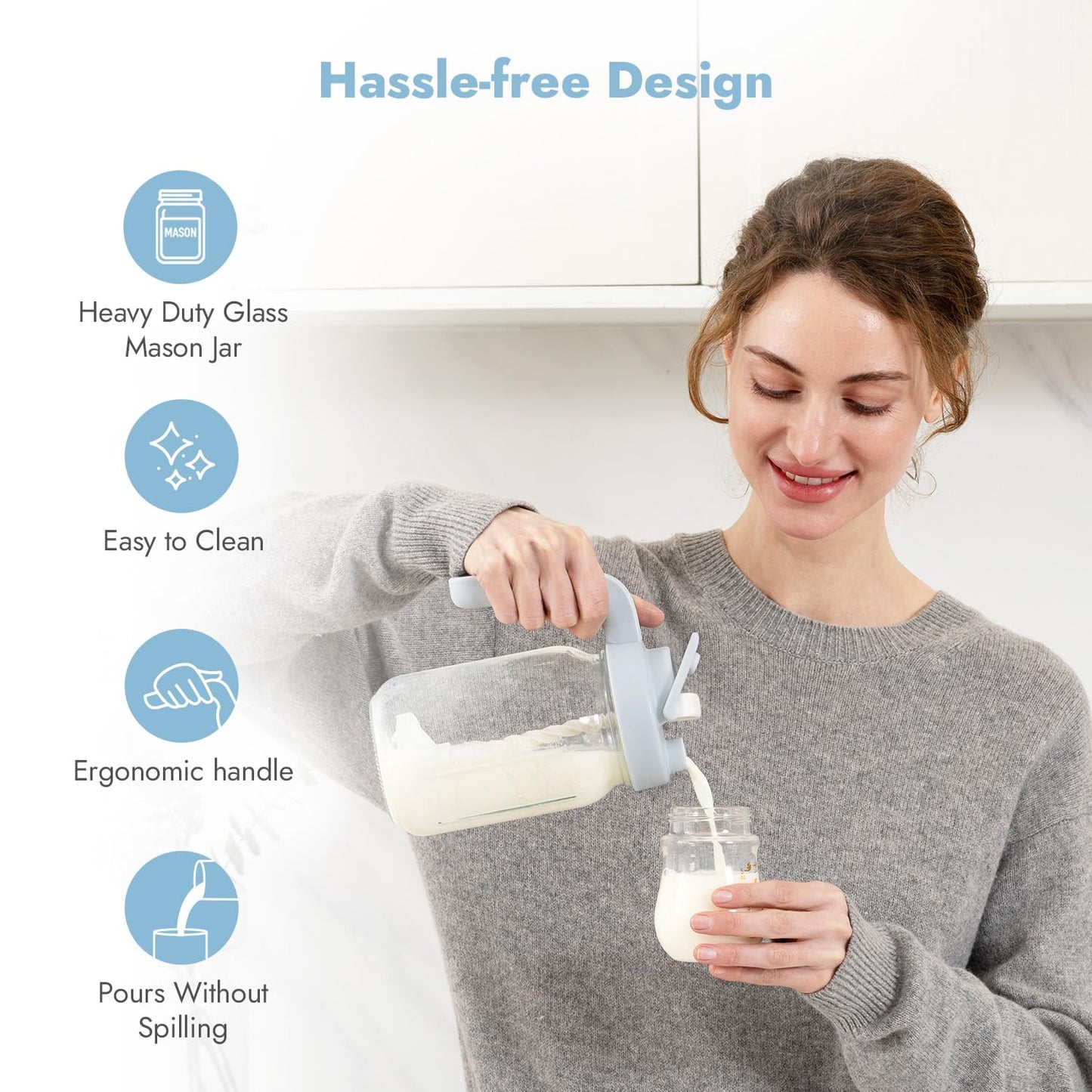 Papablic Glass Breastmilk Pitcher, Formula Mixing Pitcher with Mixing Handle Lid, Wide Mouth Mason Jar Mixer with Flip Locking Spout, Easy to Clean, BPA Free, Blue