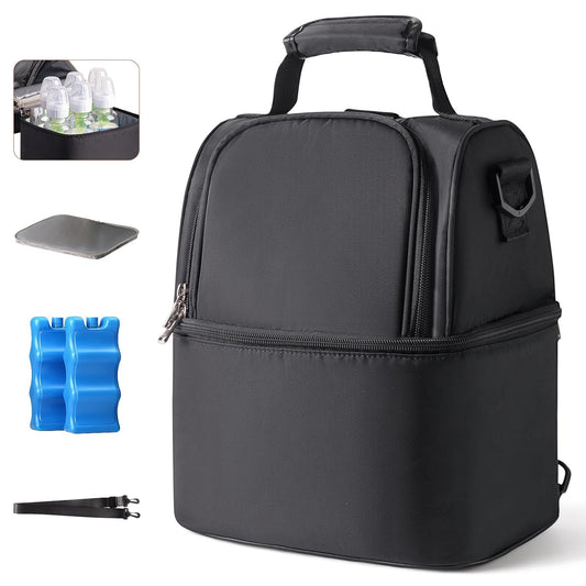 NCVI Breastmilk Cooler Bag with 2 Ice Pack, Breast Pump Bag with Cooler Fits 6 Bottles, Double Layer Breast Milk Cooler Travel Bag Baby Bottle, for Travel, Nursing Mom Daycare, Work, Picnic (Black)