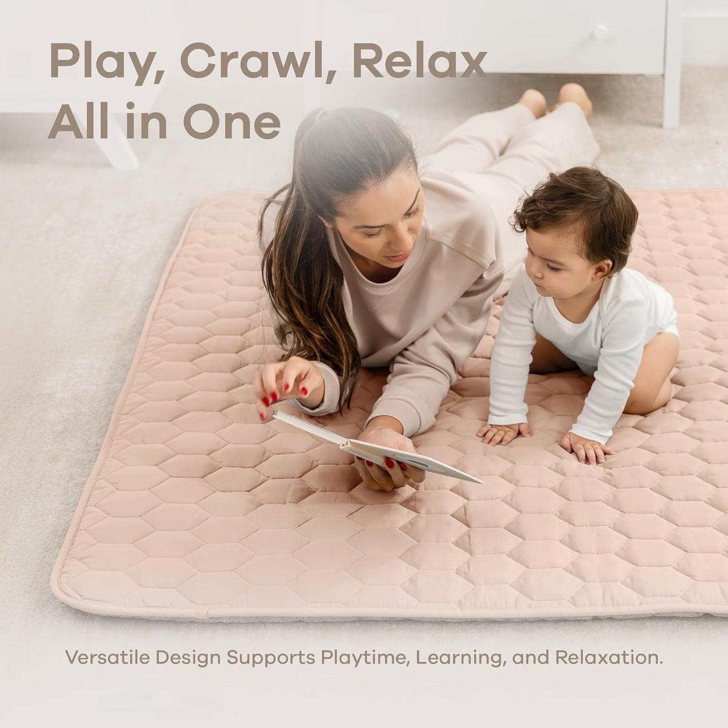 Comfy Cubs Square Kids Play Mat - 56 x 56 inches Soft Quilted Baby Floor Mat with Non-Slip Bottom - Plush Design for Toddlers' Playtime and Relaxation - Comfortable and Durable - Blush