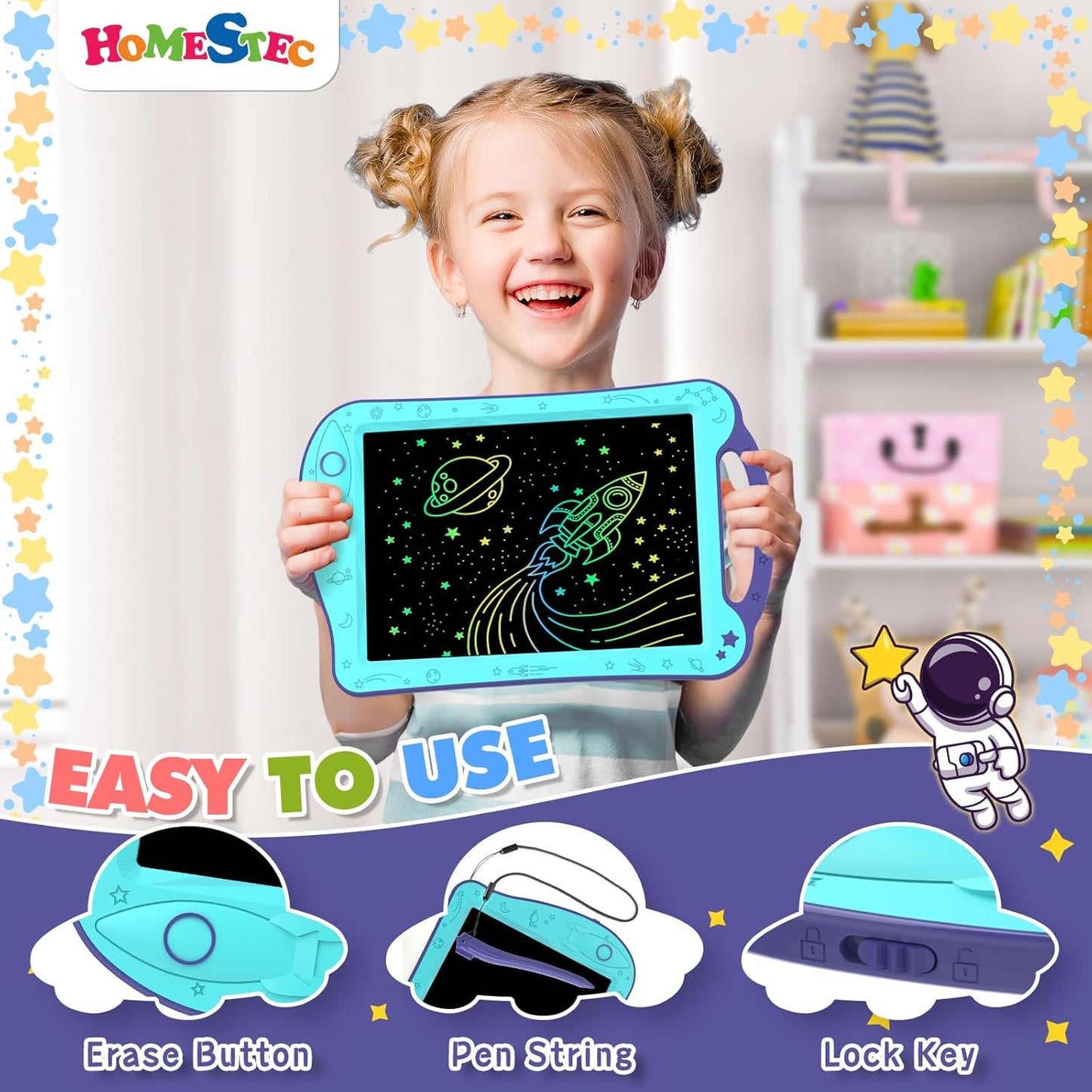 Astrodraw Drawing Pad Toys, Colorful LCD Writing Tablet for Kids, Doodle Board for Toddlers 3 4 5 6 Years Old, Travel Sensory Space Toy for Boys Girls, Birthday Gift Idea,2pc