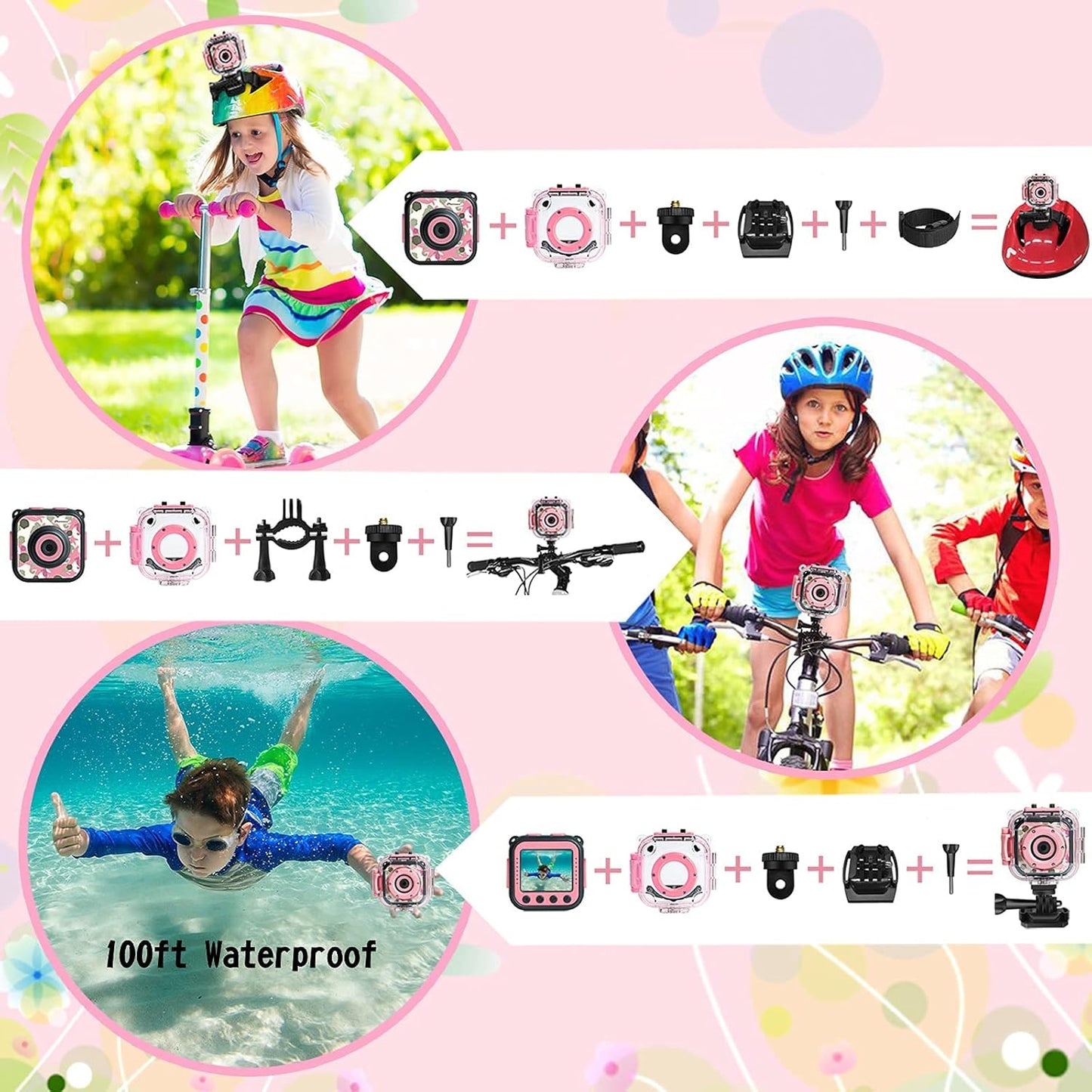 PROGRACE Kids Camera Waterproof- Children Digital Video Cameras Underwater Camera Chrismas Birthday Gift Toy for Kids 1080P DV Toddler Cameras for Girls Pool Toys Age 3-12