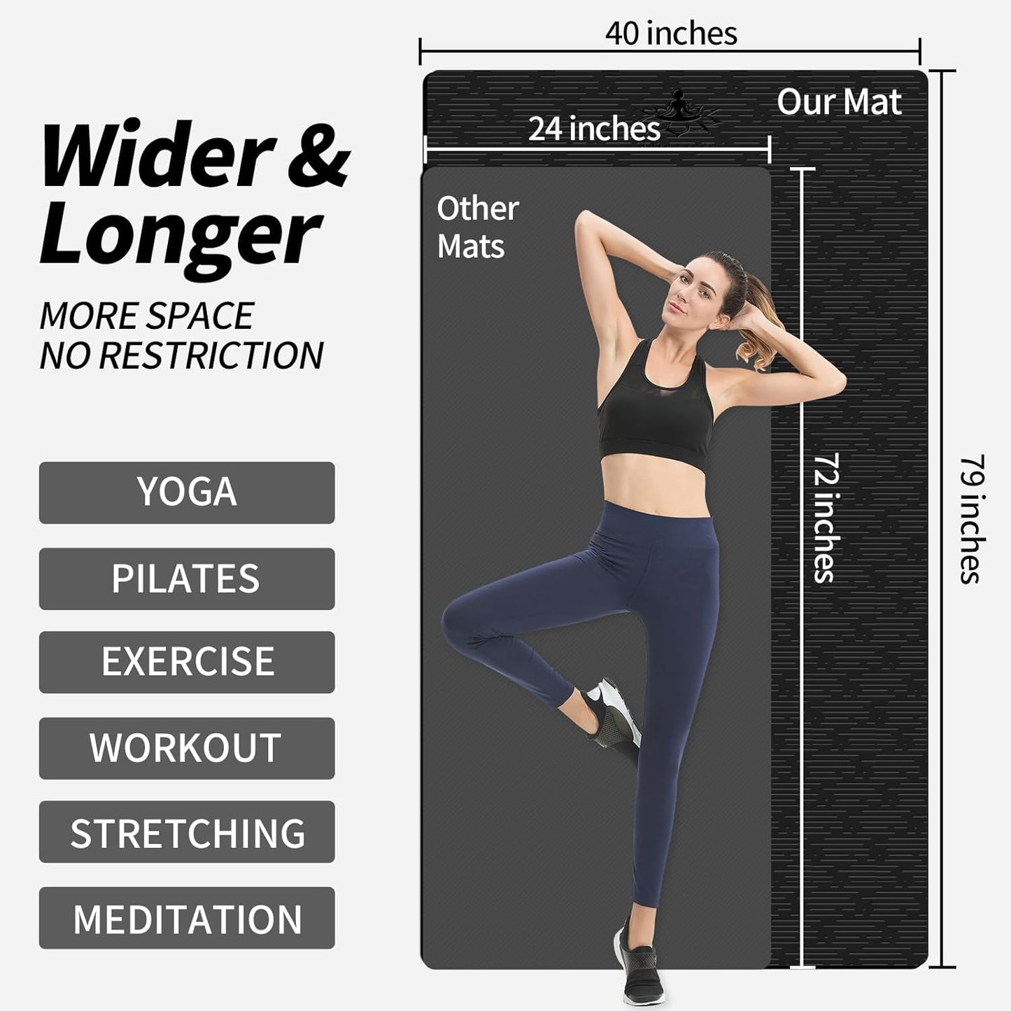 Hatha Yoga Extra Long TPE Yoga Mat 79" x 40” x 1/2" Thick Non-slip Exercise Mat for Home Gym Use, Yoga, Pilates, Fitness & Workouts