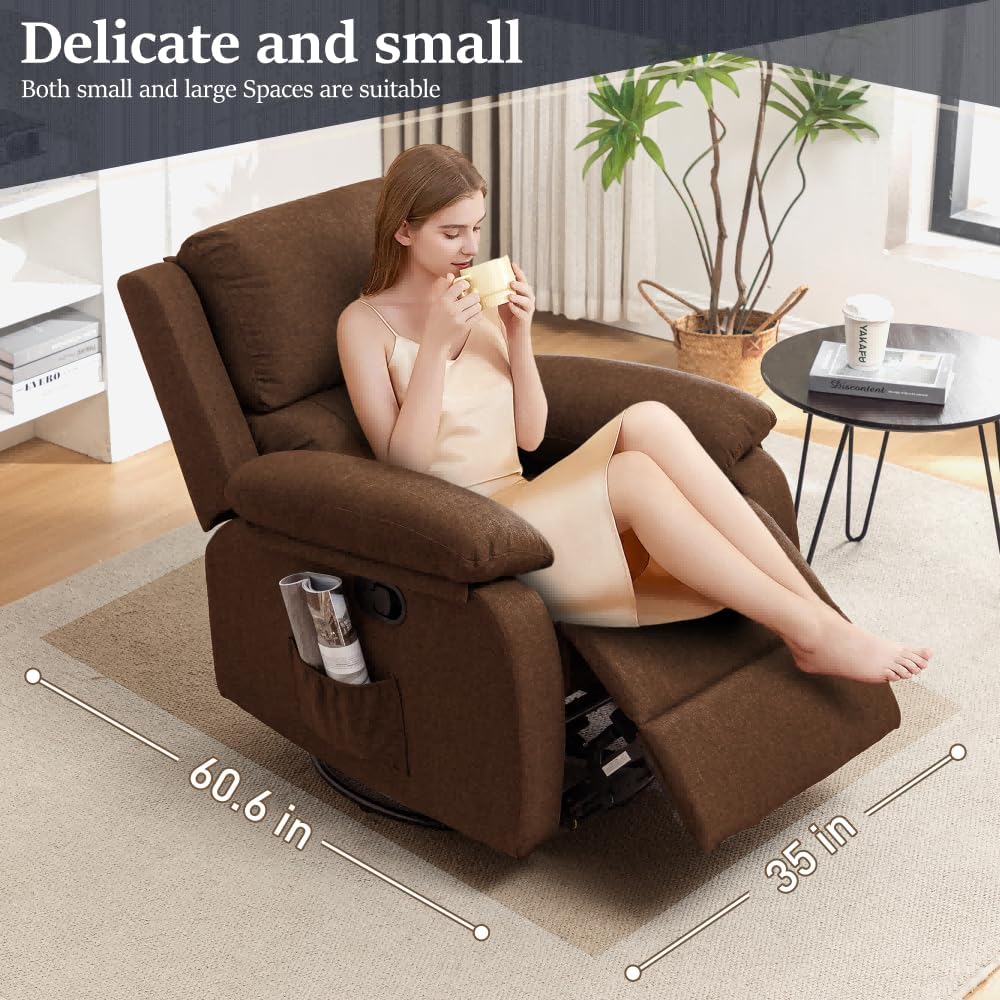 Recliner Chair, 360 Swivel Rocker Chair for Adults, Small Rocking Recliner Chair for Small Spaces, Upholstered Fabric Glider Recliner Nursery Chair with Side Pockets for Nursery, Living Room