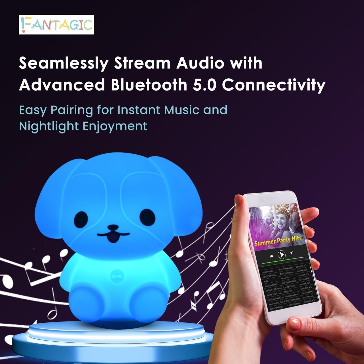 Combined Bluetooth Speaker & Nightlight With 9 Color Emissions, Child Friendly Silicone & BPA Free, USB Recharging, Receives Audio From Computer, Phone Or Tablet, and includes Remote Control (Dog)