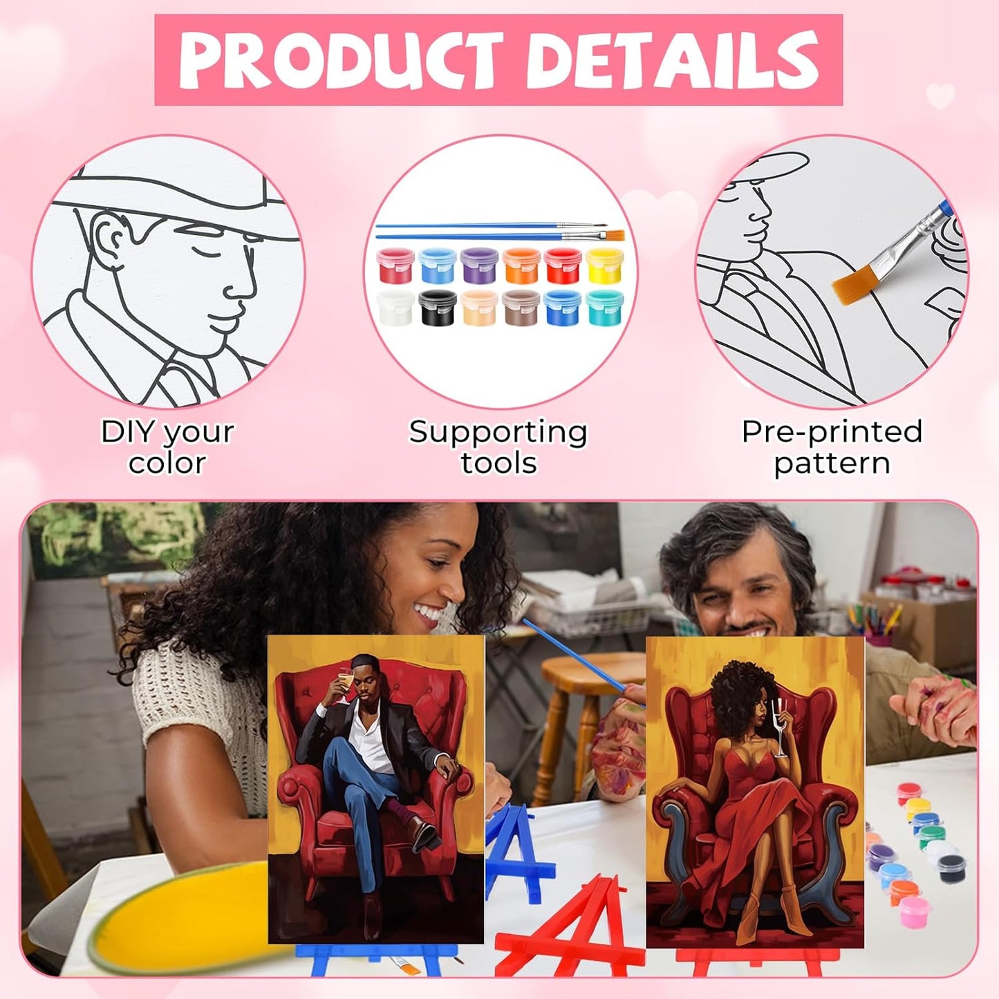 Blosssound 10 Set Pre Printed Canvas Pre Drawn Canvas Painting with Easel Kits 5" x 7" Outline Painting Panels for Beginners, DIY Craft Project, Party Favor, Home Decors(Couple)