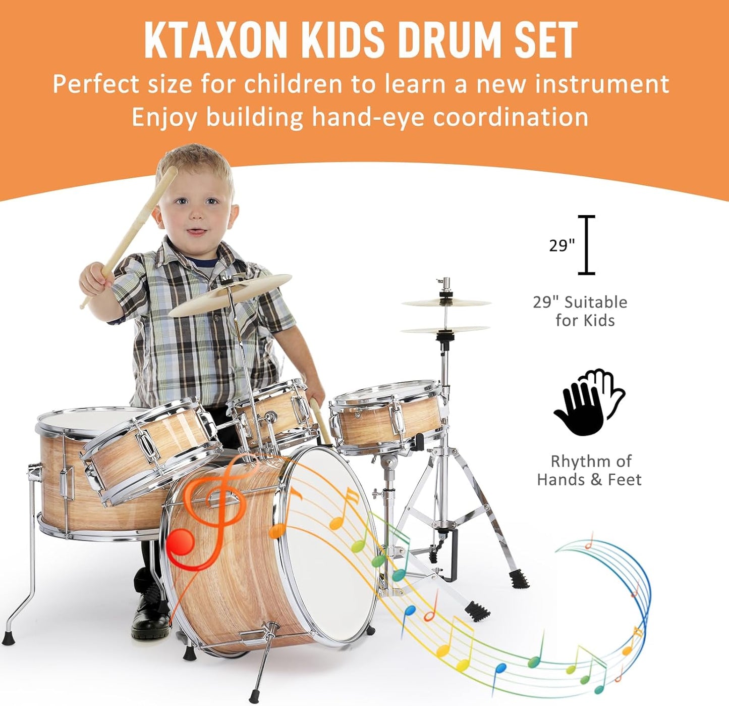 Ktaxon 5-Piece Complete Junior Drums Set, 14 Inch Beginners Drum Kit with Throne Stool, Pedal & Drumsticks, Kids Drums Musical Instruments W/Cymbal, Hi-Hat, Floor, Tom and Snare Drum (Wood Color)