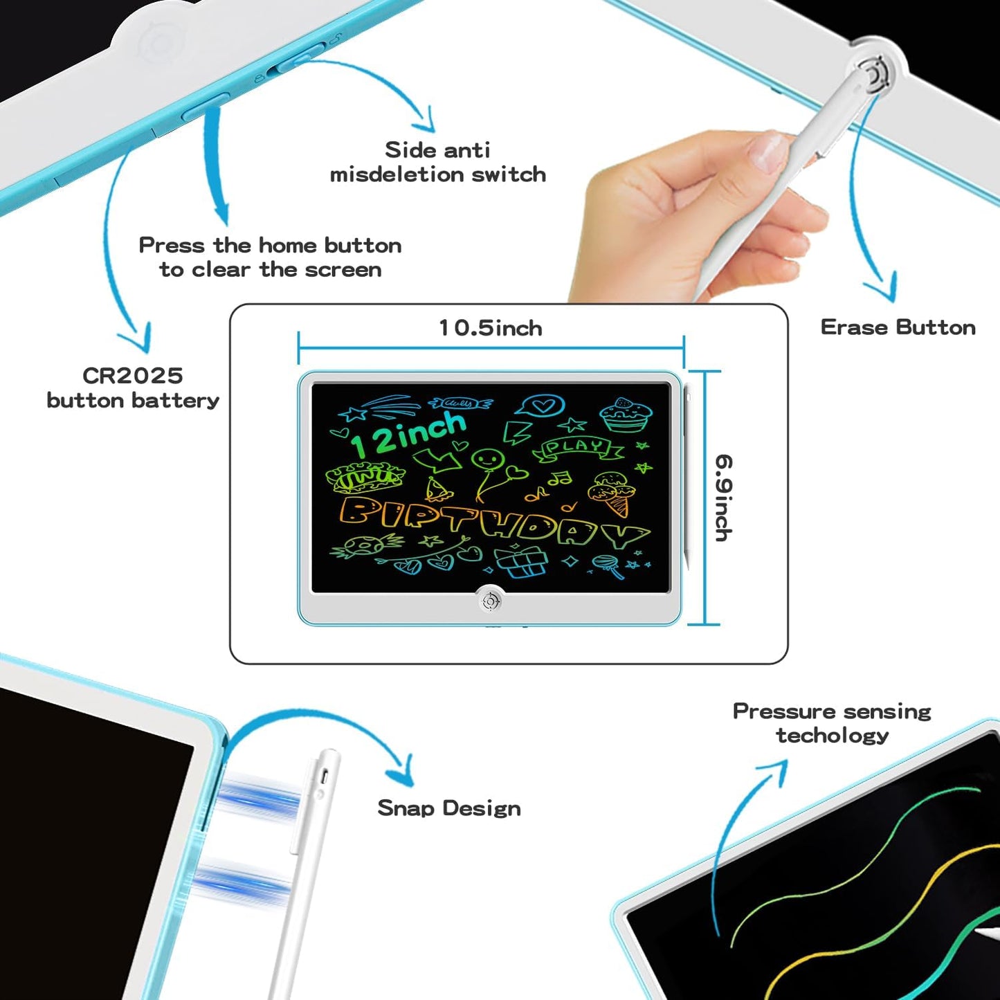 12 Inch LCD Writing Tablet for Kids Ages 3-6, Reusable Doodle Board with Stylus Pen, Drawing Pad Educational Travel Toy for Boys & Girls, Perfect Holiday & Birthday Gift Idea