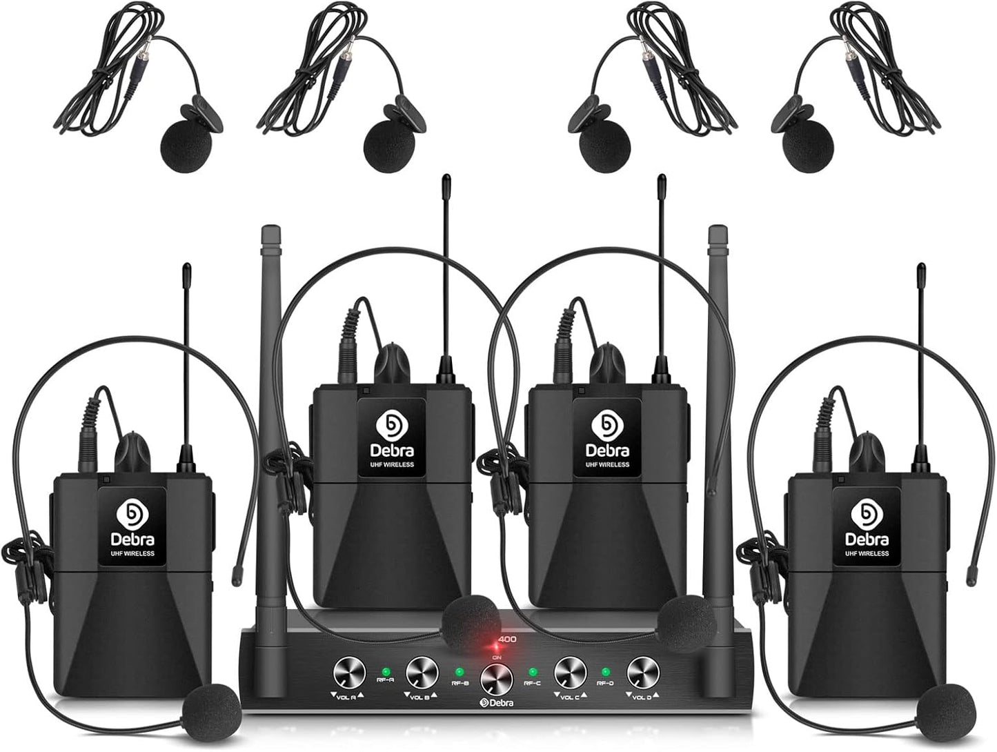 D Debra Audio AU400 Pro UHF 4 Channel Wireless Microphone System with Cordless Handheld Lavalier Headset Mics, Metal Receiver, Ideal for Karaoke Church Party (with 4 Bodypack (B))