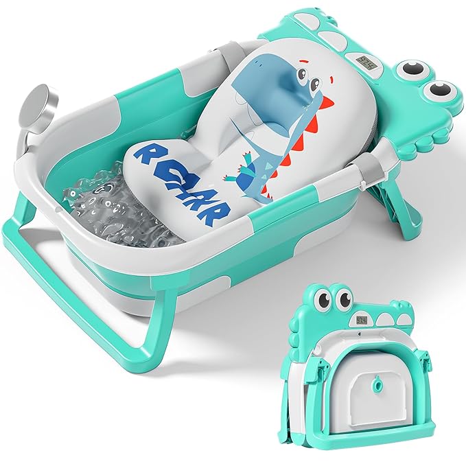 TPN Collapsible Baby Bathtub, Baby Bath Tub with Soft Cushion & Real-Time Thermometer, Baby Bathtub Infant to Toddler Tub (0-36 Months), Portable Newborn Travel Bath tub