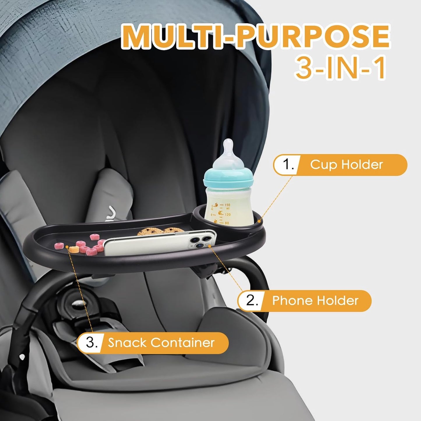 Snack Tray Compatible with Mockingbird,Nuna,Evenflo Stroller,Adjustable Stroller Snack Tray with Cup Holder and Phone Holder, Stroller Accessories Black