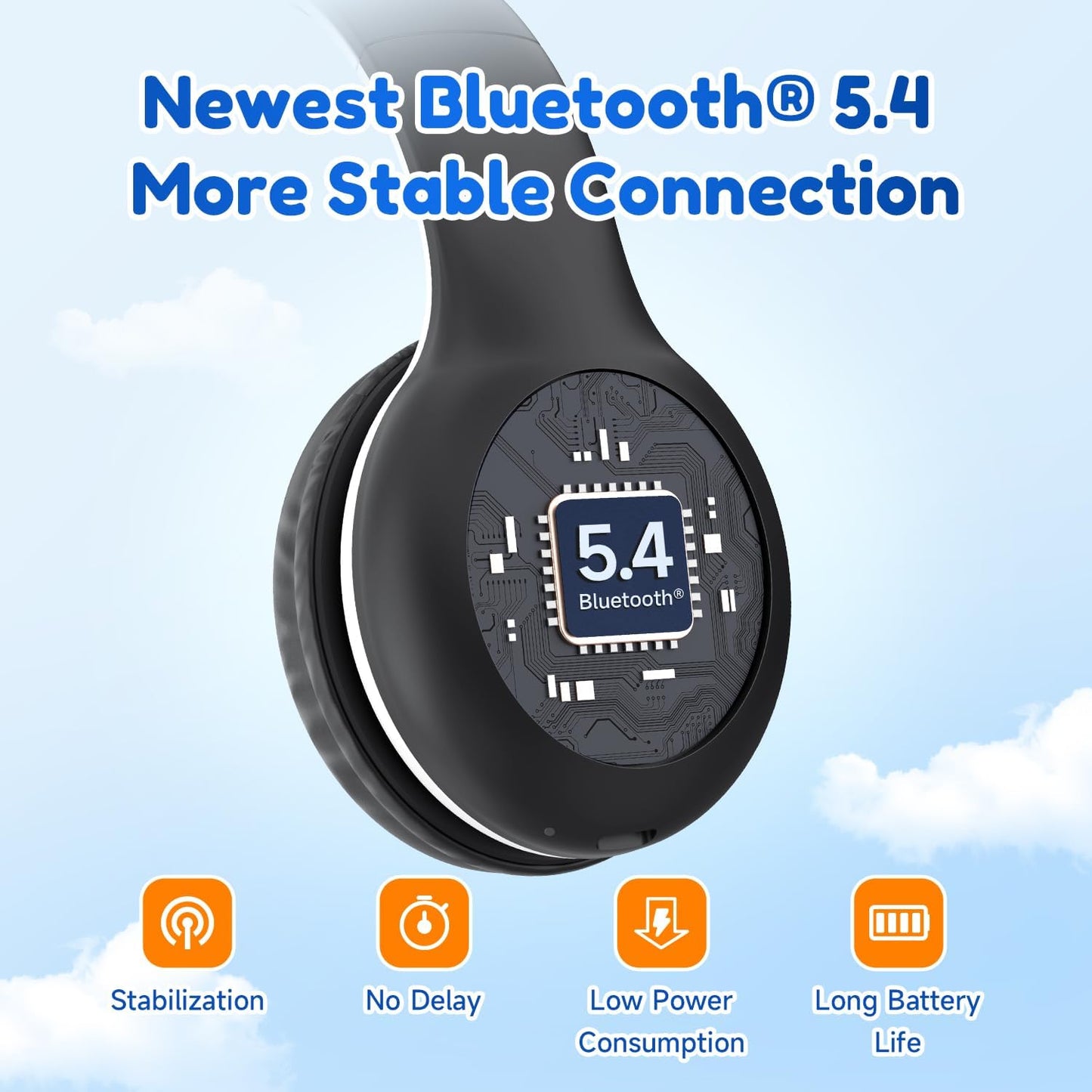 EarFun K2 Kids Bluetooth Headphones, Kids Headphones with Volume Limited, 40H Playtime, Built-in Mic, Stereo Sound, Foldable Over-Ear Headphone for School/Travel/iPad/Tablet, Black