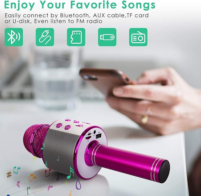 KIDWILL Wireless Bluetooth Karaoke Microphone for Kids, 5-in-1 Portable Handheld Karaoke Mic Speaker Player Recorder with Adjustable Remix FM Radio for Kids Girls Boys Teens Birthday-Hot Pink