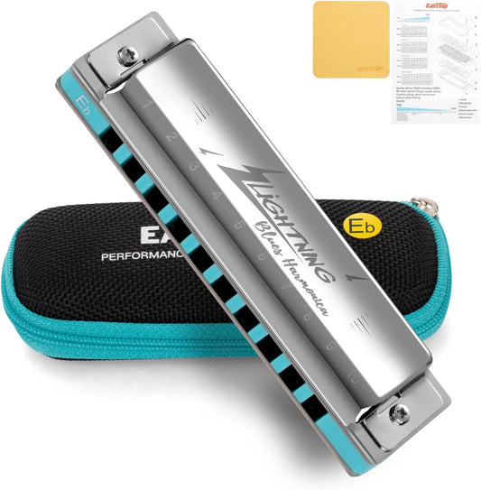 East top Harmonica, Advanced Diatonic Harmonica Key of Eb, 10 Holes Blues Harp Mouth Organ Harmonica with Silver Cover, Blues Harmonicas For Adults, Professionals and Students