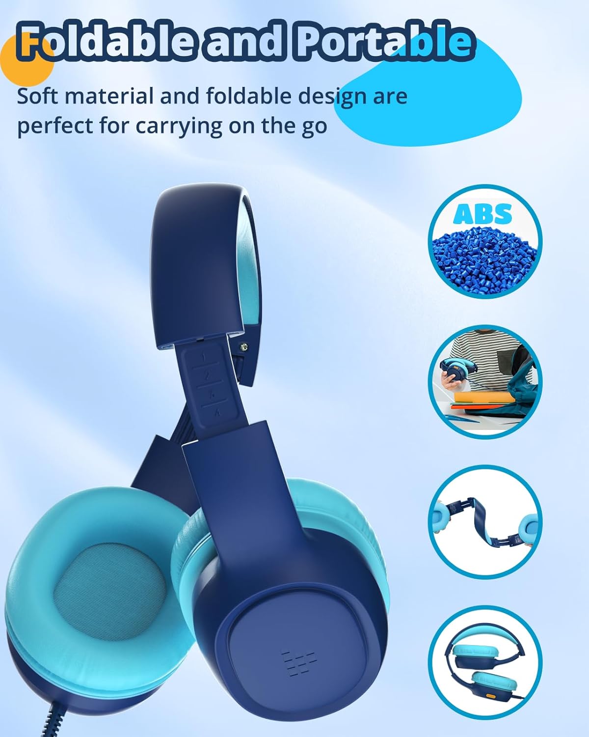 Tronsmart Kids Headphone for School Travel, Foldable Safe Volume 85/93dB, HD Stereo Sound Over-Ear Boys Girls Headphones for Kid, 3.5mm Kids Headphones with Cord for iPad, Kindle, Tablets,KH01(Blue)