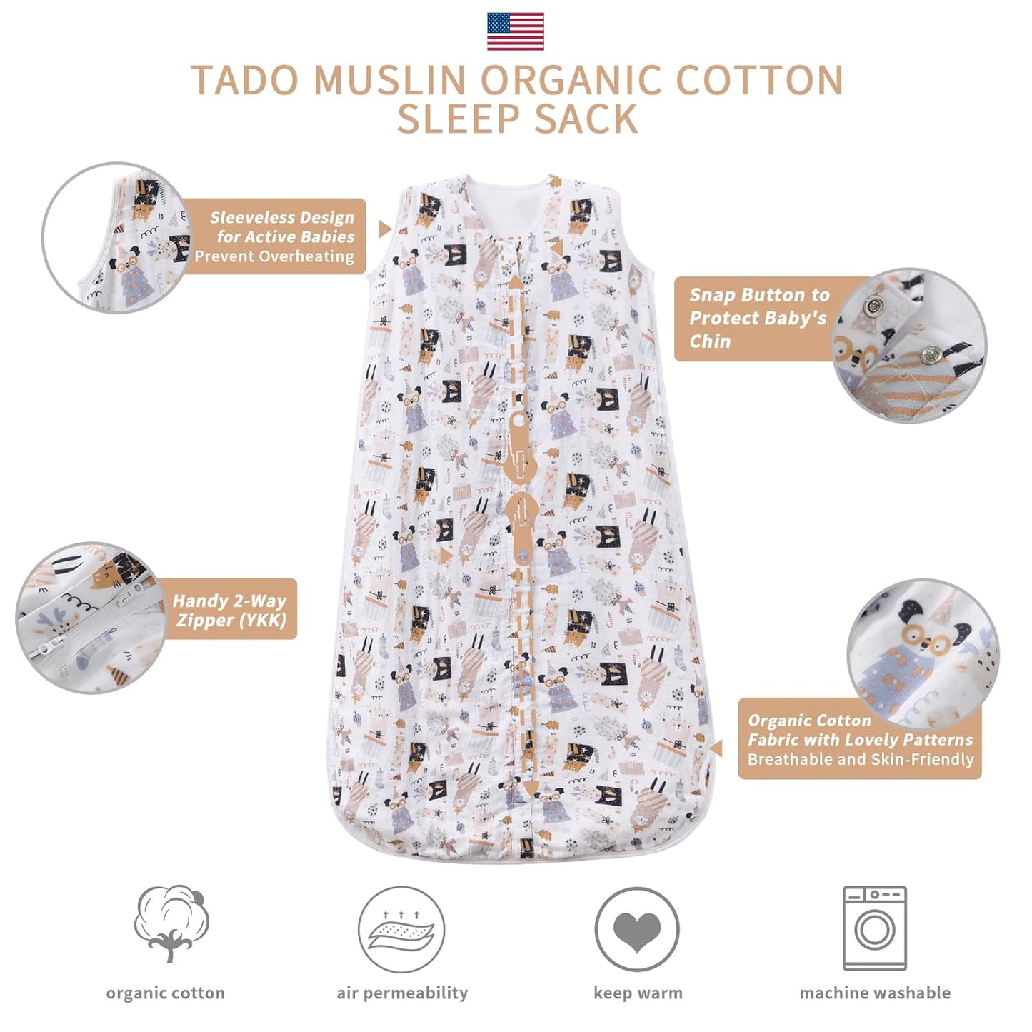 Baby Sleep Sack 1-2 T Baby Wearable Blanket 100% Organic Cotton 0.5 TOG Muslin Toddler Sleeping Sacks 2- Way Zipper Soft 12-24 M
