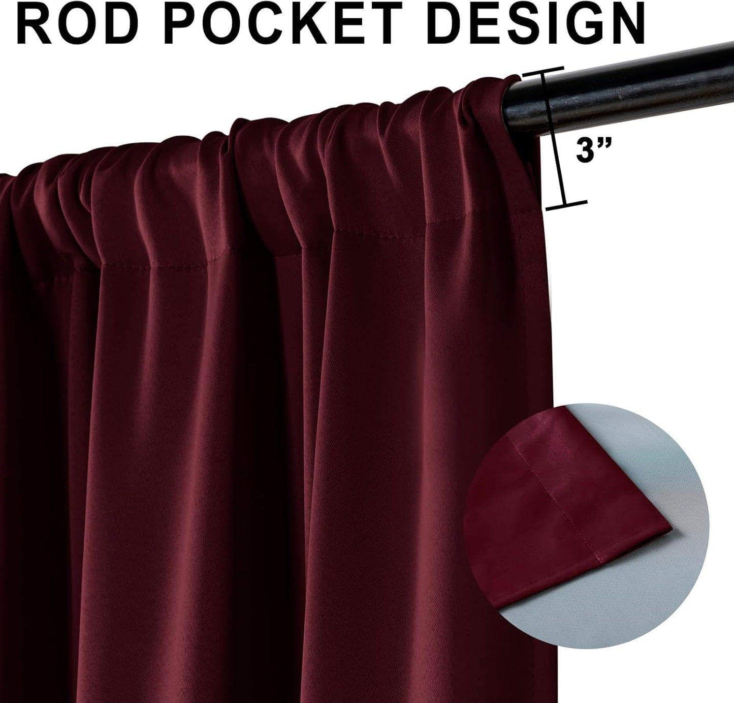 XWZO Full Shading Blackout Curtains 63 Inches Length - Heat and Light Blocking Rod Pocket Window Drapes with Black Liner Backing for Bedroom Sewn with Tiebacks, Burgundy, W52 x L63, Set of 2 Panels