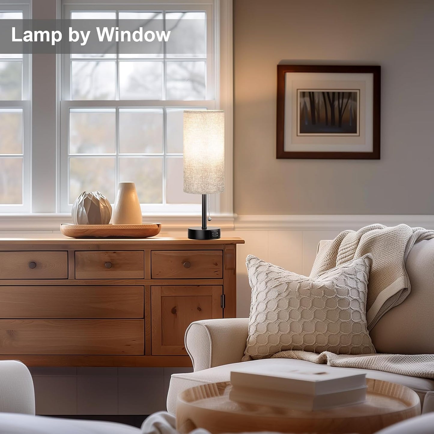 Grey Bedside Lamps for Bedroom Set of 2 - Nightstand Table Lamp with USB A + C Charging Port, 3 Color Temperatures Pull Chain Night Stand Light, Side Table Desk Reading Lamp for Living Room/Dorm Room