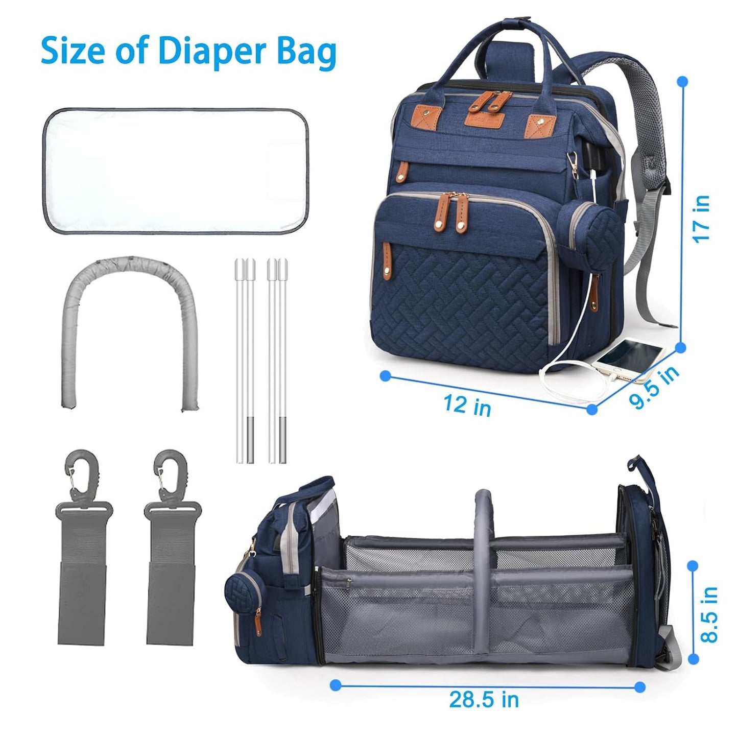 Jeryswet Baby Diaper Bags with Changing Station, Waterproof Large Capacity Diaper Bag Backpack for Moms Dads with USB Charging Port and Stroller Straps, Baby Shower Gifts, Blue