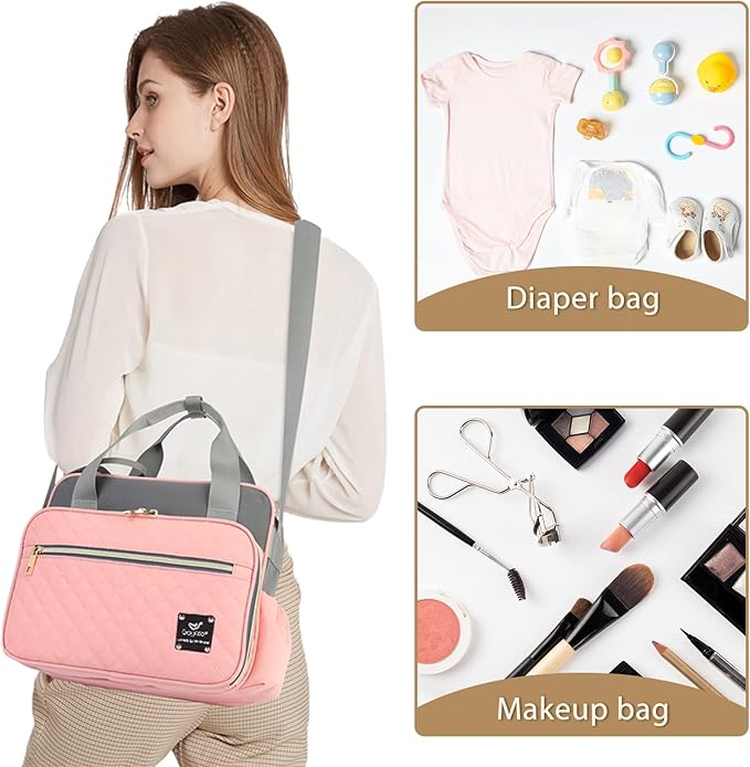Crossbody Small Diaper Bag, Cute Mini Baby Diaper Tote Bags with Insulated Pockets for Traveling Outdoor Parent, Pink & Gray