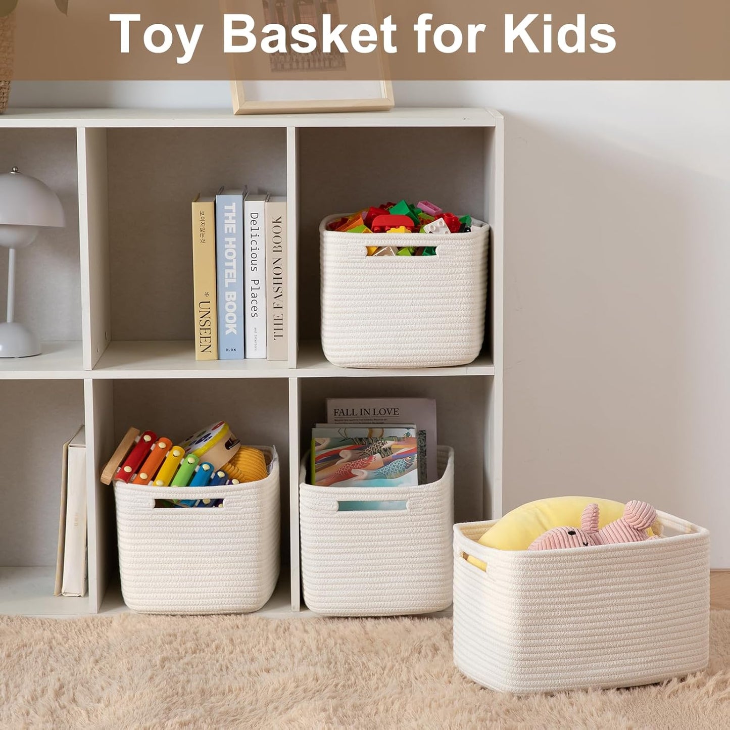 Storage Baskets for Organizing, Woven Decorative Baskets for Shelves - Books, Towels, and Clothes, Cotton Rope Toy Storage Bins, 12.7''Lx9''Wx7.8''H, Pack of 4, White