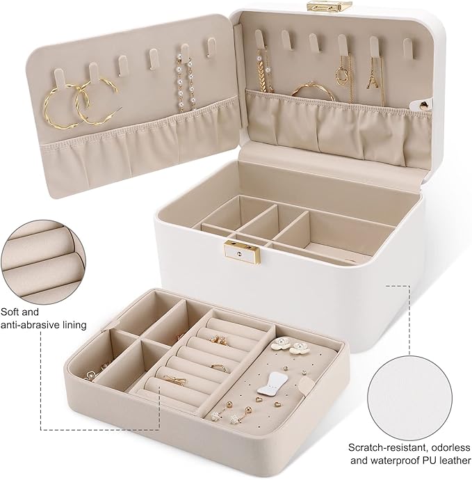 KAMIER Travel Jewelry Box, 2 Layers PU Leather Portable Jewelry Organizer, Large Capacity, Double Lock and Large Mirror, Hidden Necklace Hooks, Removable Dividers, Gift Box Packaging, White