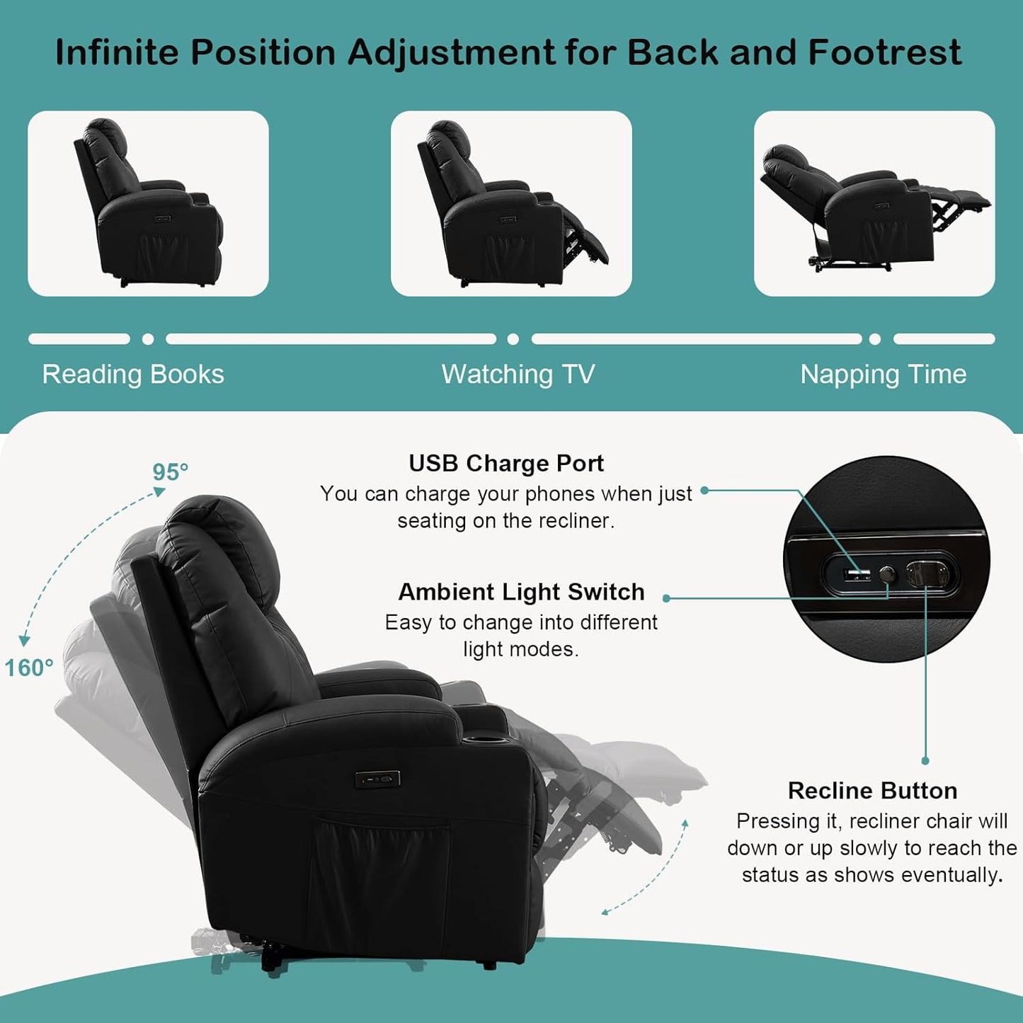 Power Recliner Chair with Heat and Massage for Adults - Home Theater Seating with LED Lights,Cup Holders,Side Pocket,USB Port - Recliner Sofa for Living Room(Black, Single Recliner)
