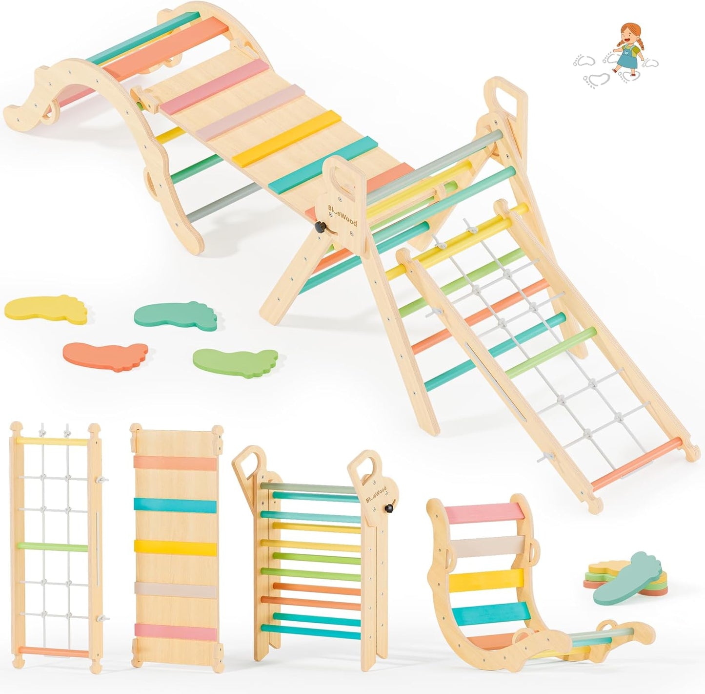 BlueWood 10-in-1 Pikler Triangle Set, Toddler Climbing Toys Indoor, Montessori Climber, Baby Jungle Gyms with Arch, Extra Rope Ladder & Footprint Balance Beam - Rose Garden