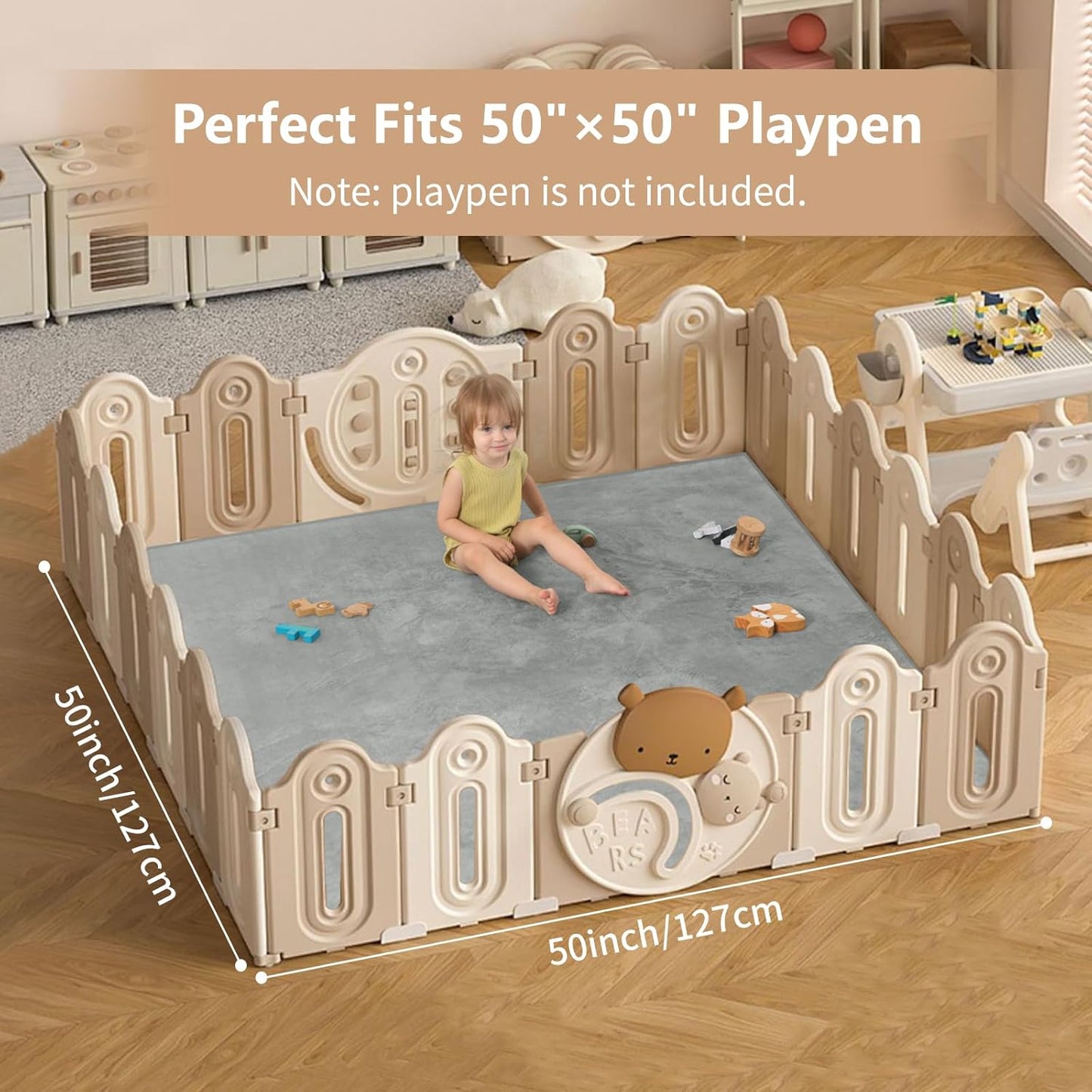 Baby Play Mat for Floor,1.3" Thick Elasti-Foam 50"×50" Playpen Mat for Tummy Time,Water Repellent Soft Coral Velvet for Toddler,Infant,Kids,Non-Slip Backing Safe for Crawling(Light Grey)