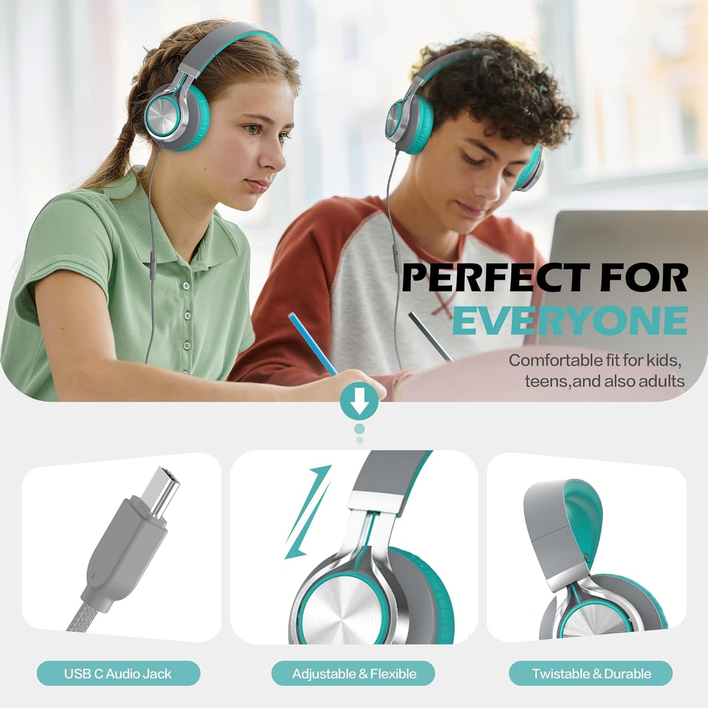 AILIHEN C8 Kids Headphones Wired USB C, USB-C Headphones with Microphone & Volume Control, Foldable Stereo Sound Tangle-Free Type C Cord, Compatible with Cellphone, Laptop, PC, Computer (Grey Mint)