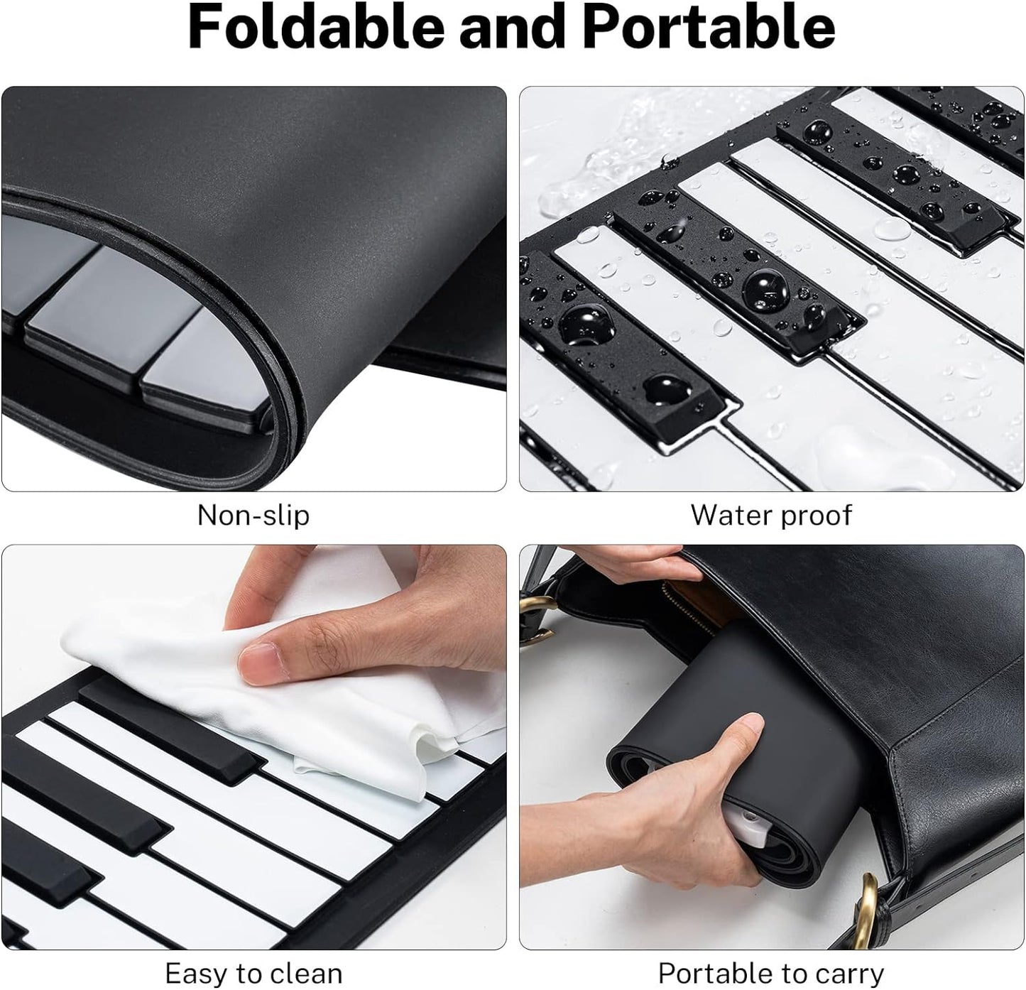 49 Key Roll Up Keyboard Piano, Portable Digital Electric Foldable Piano Keyboard, Rechargeable, 47 Tones, 14 Educational Demo Songs, for Beginners Gift (Black & White Key)