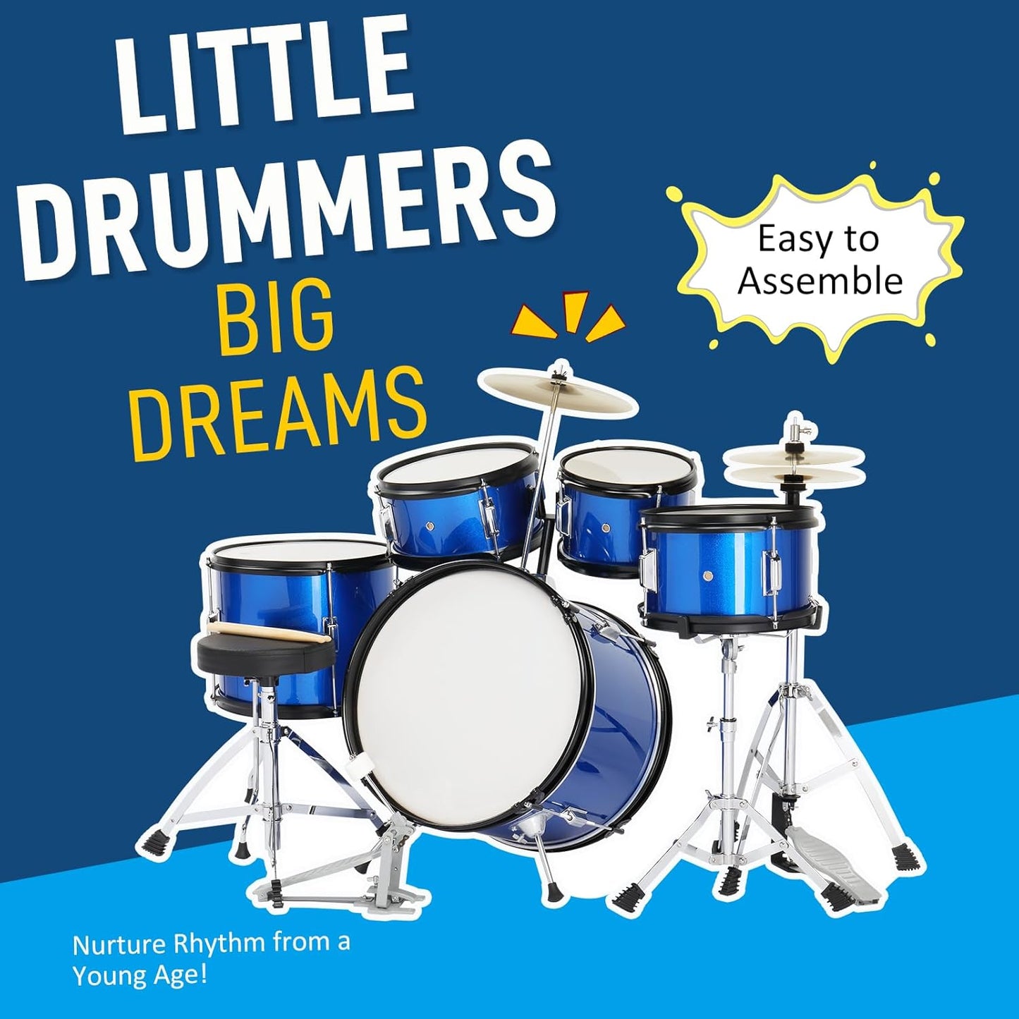 Ktaxon 5-Piece Complete Junior Drums Set, 16 Inch Beginners Drum Kit with Throne Stool, Pedal & Drumsticks, Kids Drums Musical Instruments W/Cymbal, Hi-Hat, Floor, Tom and Snare Drum (Dark Blue)