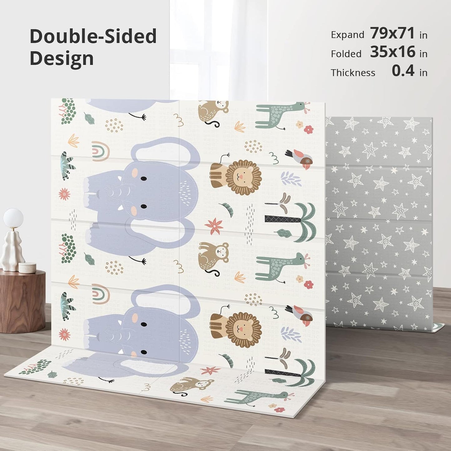79x71 Foldable Baby Play Mat for Floor, Extra Large Non-Toxic Tummy Time and Crawling Playmat, Thick Foam Play Mat for Baby, Reversible Portable Babies Floor Mats for Infant, Toddler